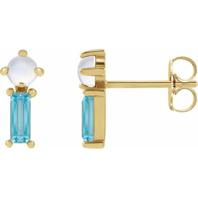 14K Yellow Gold Natural Moonstone & Natural Swiss Blue Topaz Earrings