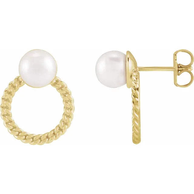 14K Yellow Cultured White Akoya Pearl & Curb Chain Earrings