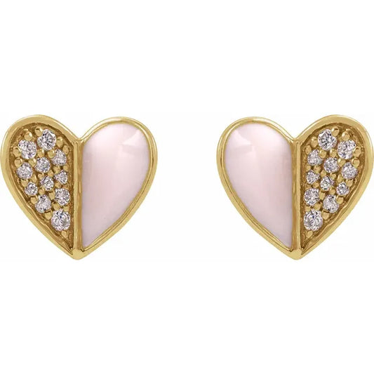 14K Gold Yellow 1/10 Heart Studs with Pink Enamel