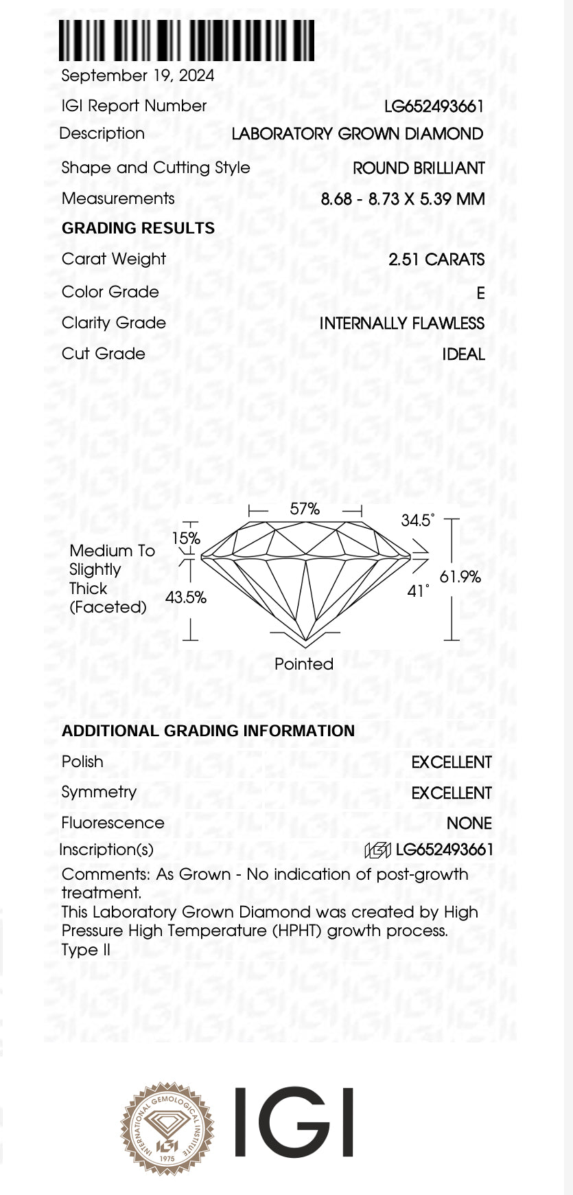 2.51 Carat Round Lab Grown Diamond, Color E , Flawless , IDEAL + Excellent Cert LG652493661