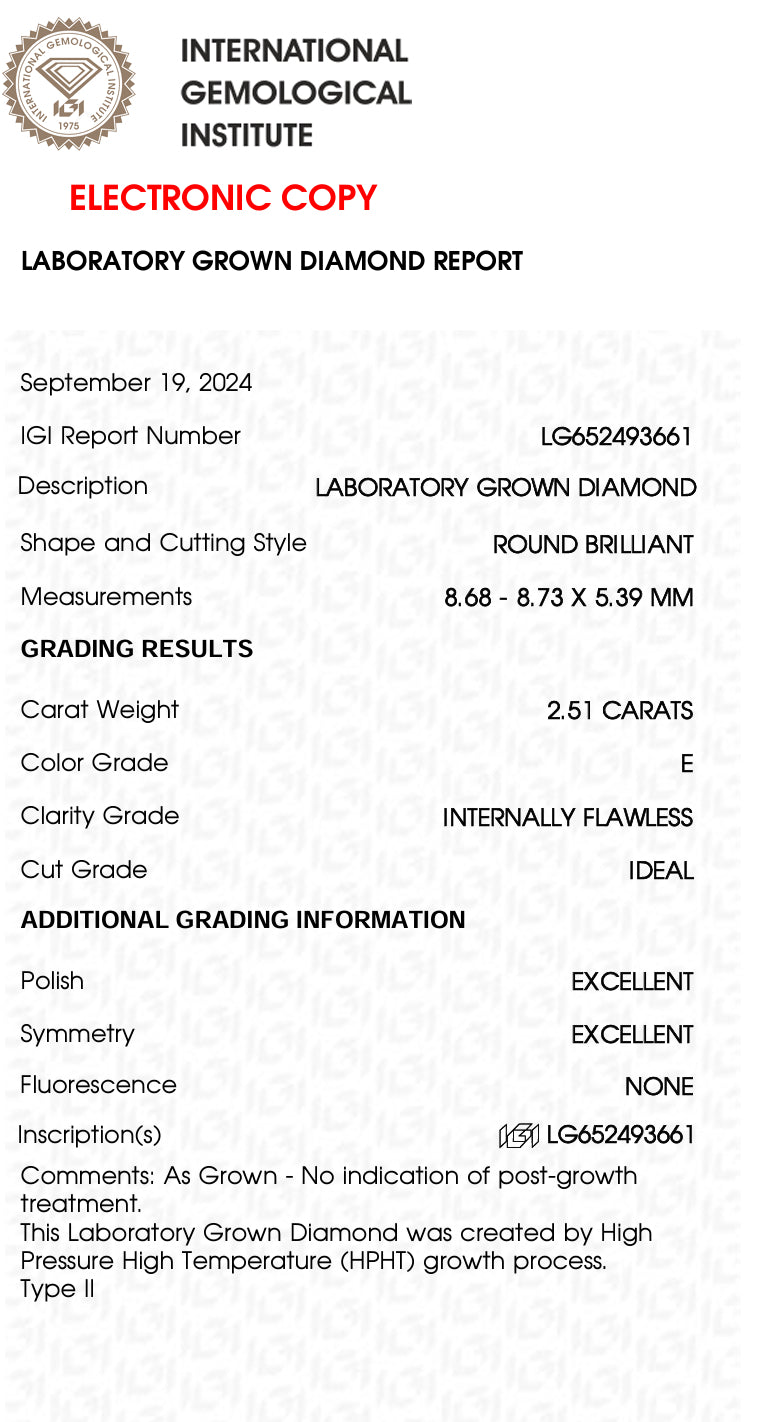 2.51 Carat Round Lab Grown Diamond, Color E , Flawless , IDEAL + Excellent Cert LG652493661