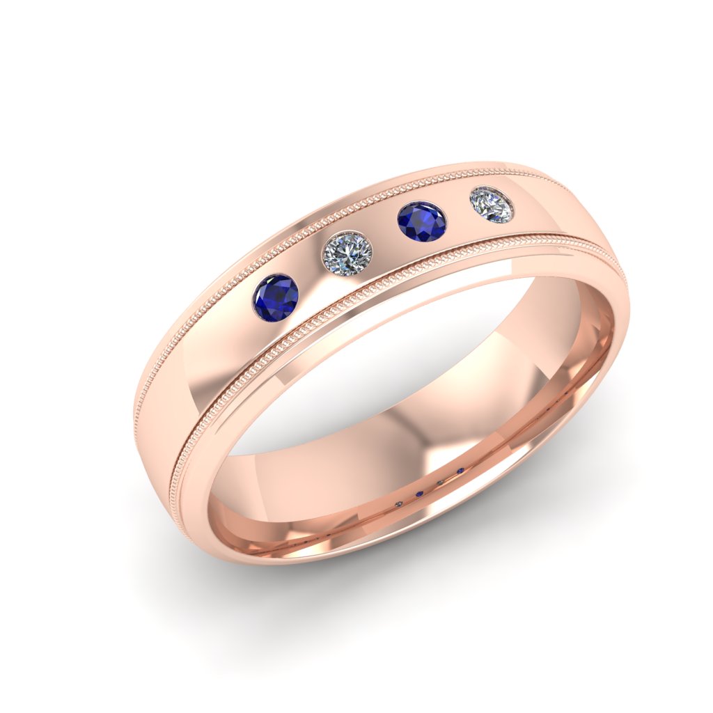 Custom 14k Rose Gold Wedding Band with Natural Blue Sapphires and Diamonds