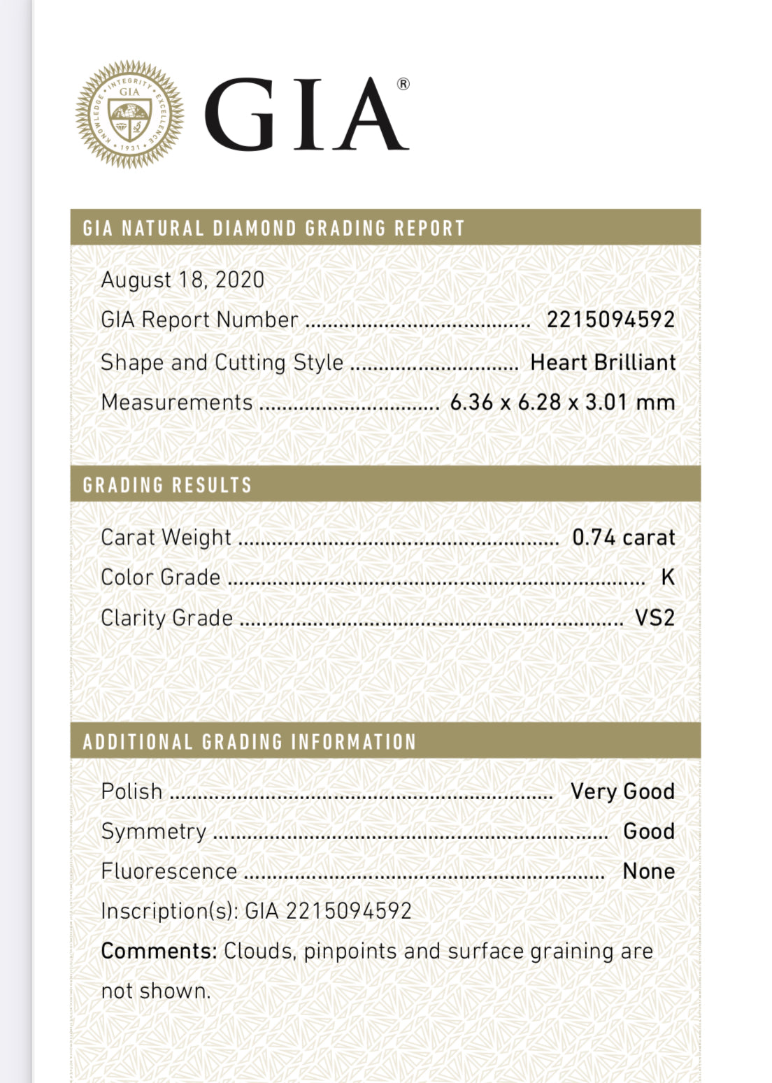 .74 carat Heart Shape Natural Diamond , Color K , Clarity VS2 - GIA 2215094582