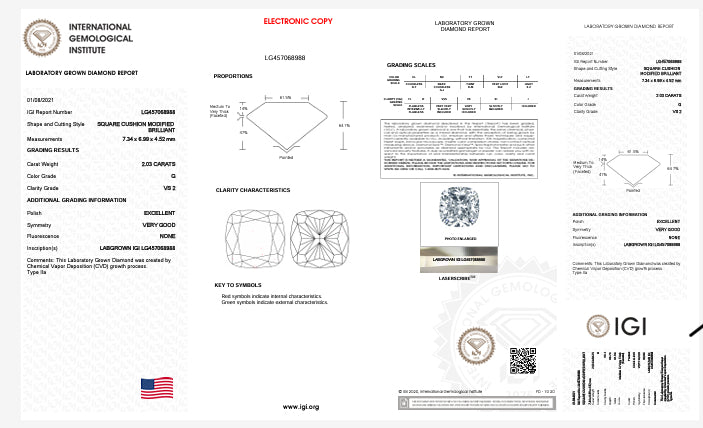 2.03 Lab Cushion Cut Diamond , Color G , Clarity VS2 Excellent and Excellent ,