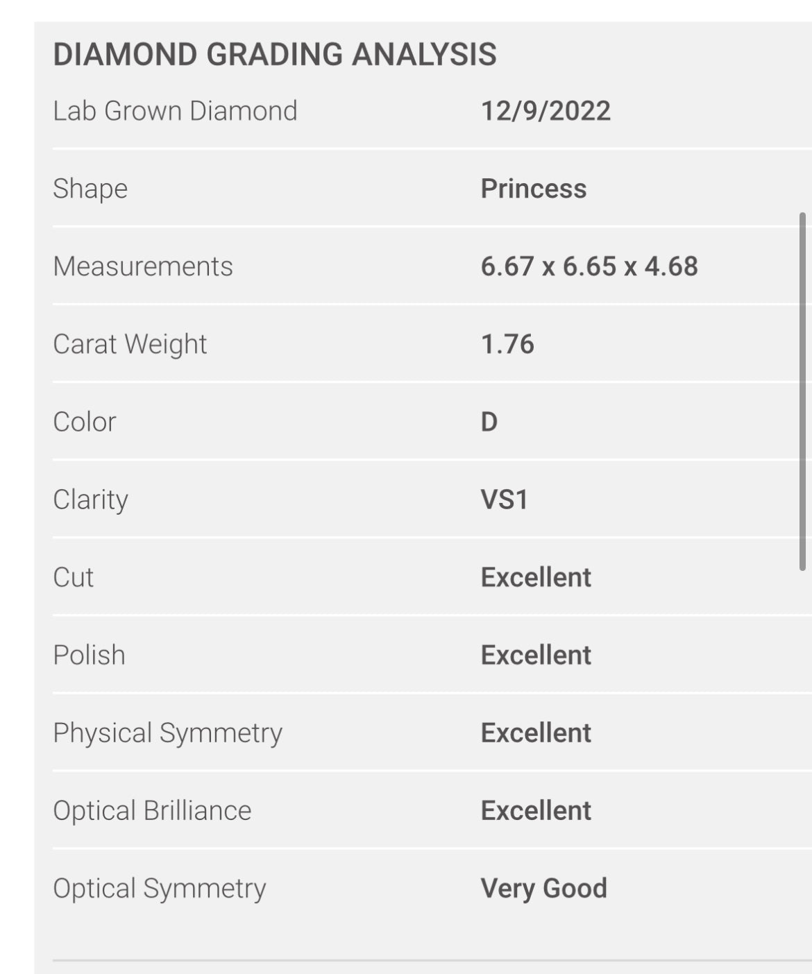 1.76 Lab Grown Princess Cut Diamond , Color D , Clarity VS1 -GCAL LG323048356 + Triple Excellent