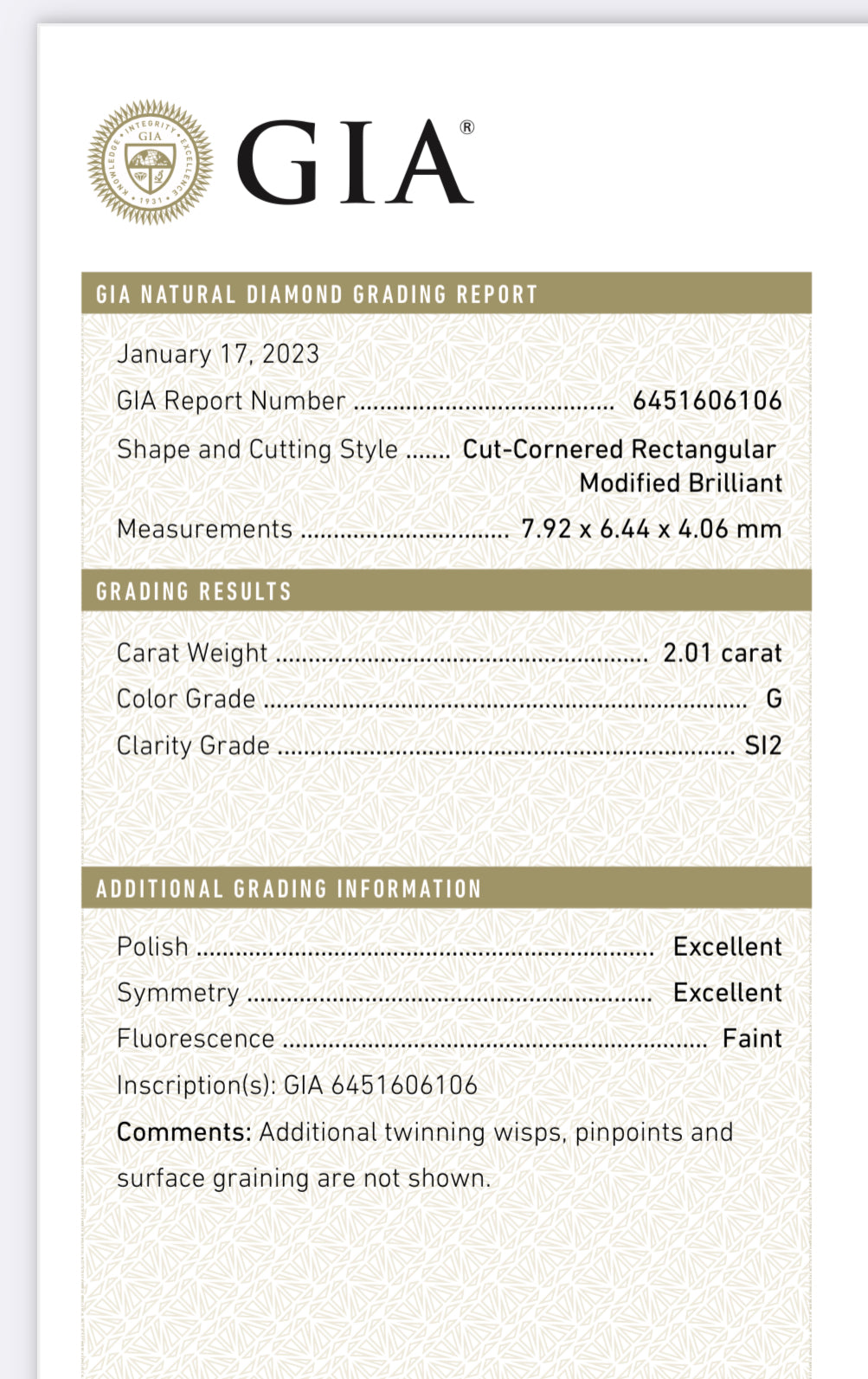 2.01 carat Radiant Cut Natural Diamond Color G Clarity SI2 GIA 6451606106
