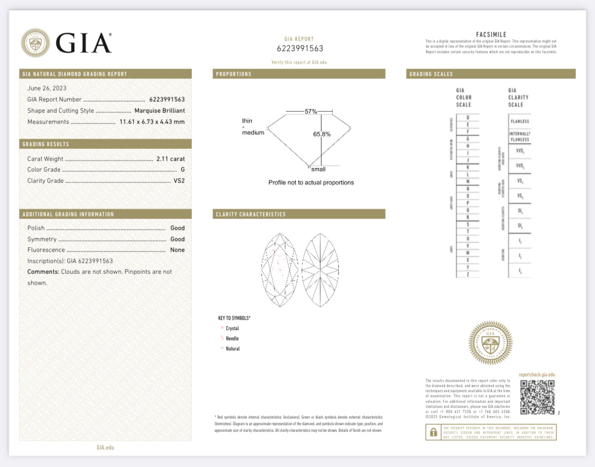 2.11 carat Marquise Diamond G, VS2 , GIA CERTIFICATE 6223991563