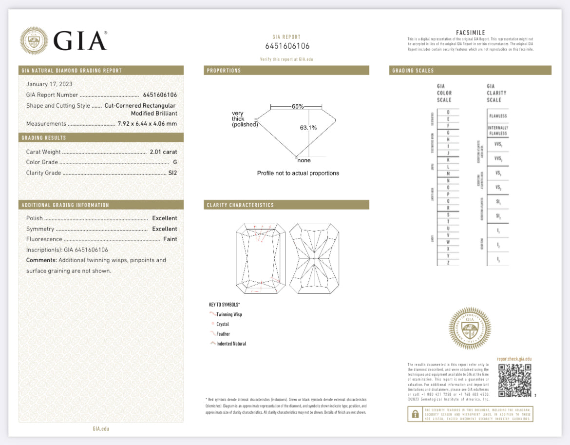 2.01 carat Radiant Cut Natural Diamond Color G Clarity SI2 GIA 6451606106