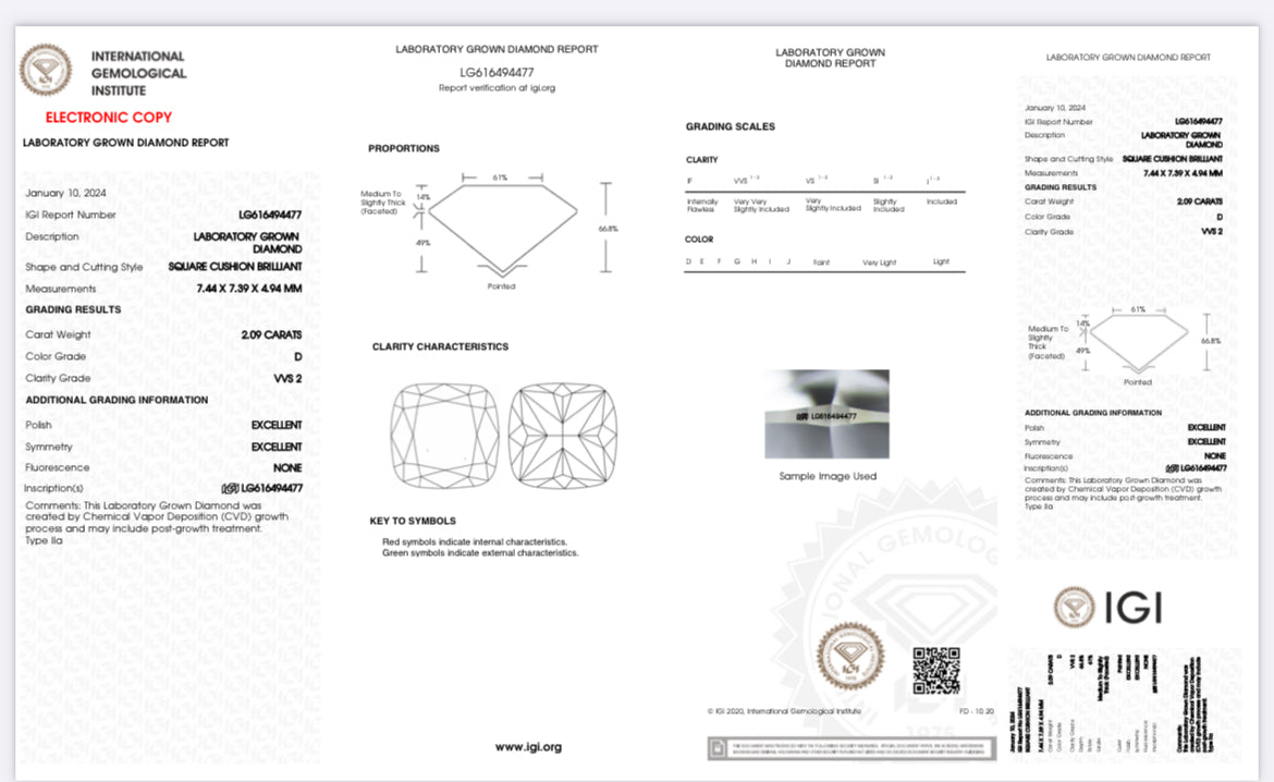2.09 Lab Cushion Cut Diamond , Color D , Clarity VVS2 Excellent and Excellent , Certificate IGI 616494477