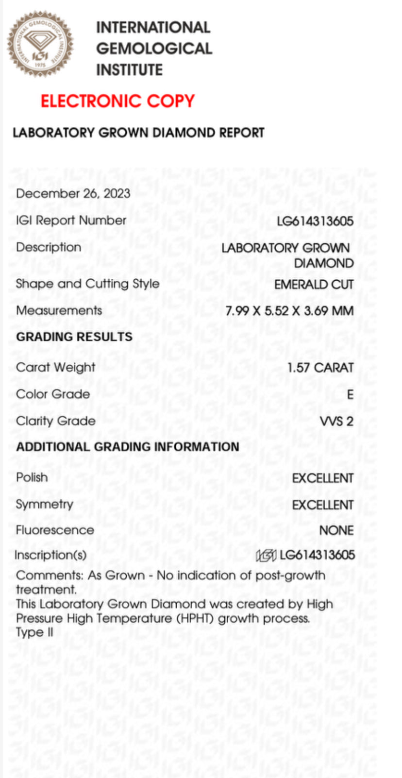 Emerald Cut 1.57 Carat Lab Grown Diamond , Color E , Clarity VVS2 , IGI Certificate LG614313605