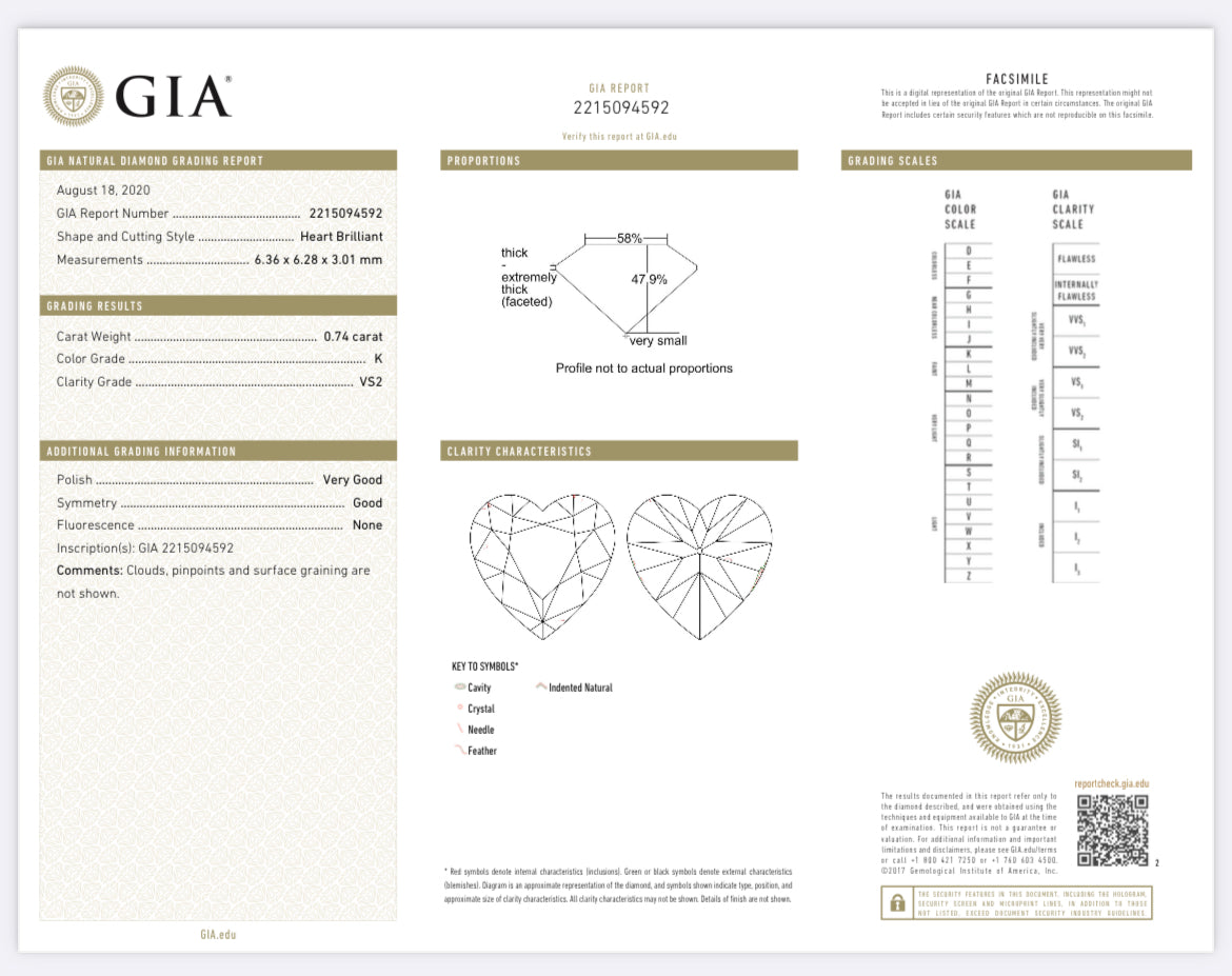 .74 carat Heart Shape Natural Diamond , Color K , Clarity VS2 - GIA 2215094582