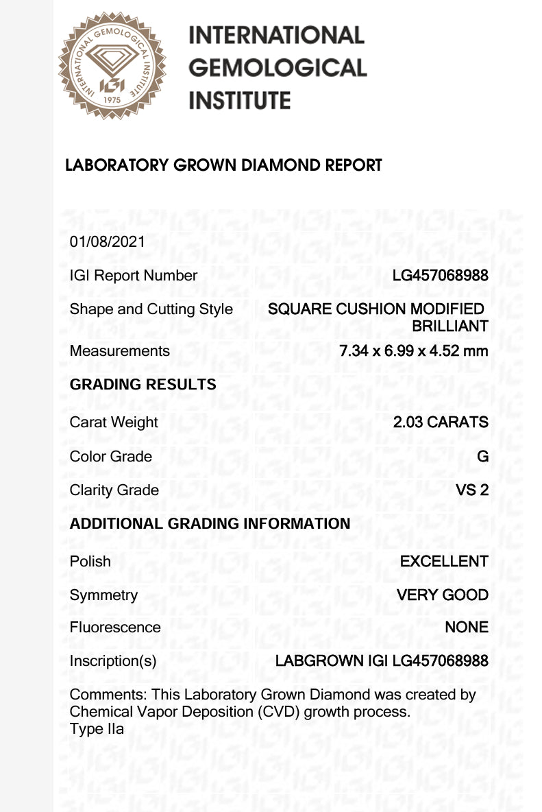 2.03 Lab Cushion Cut Diamond , Color G , Clarity VS2 Excellent and Excellent ,
