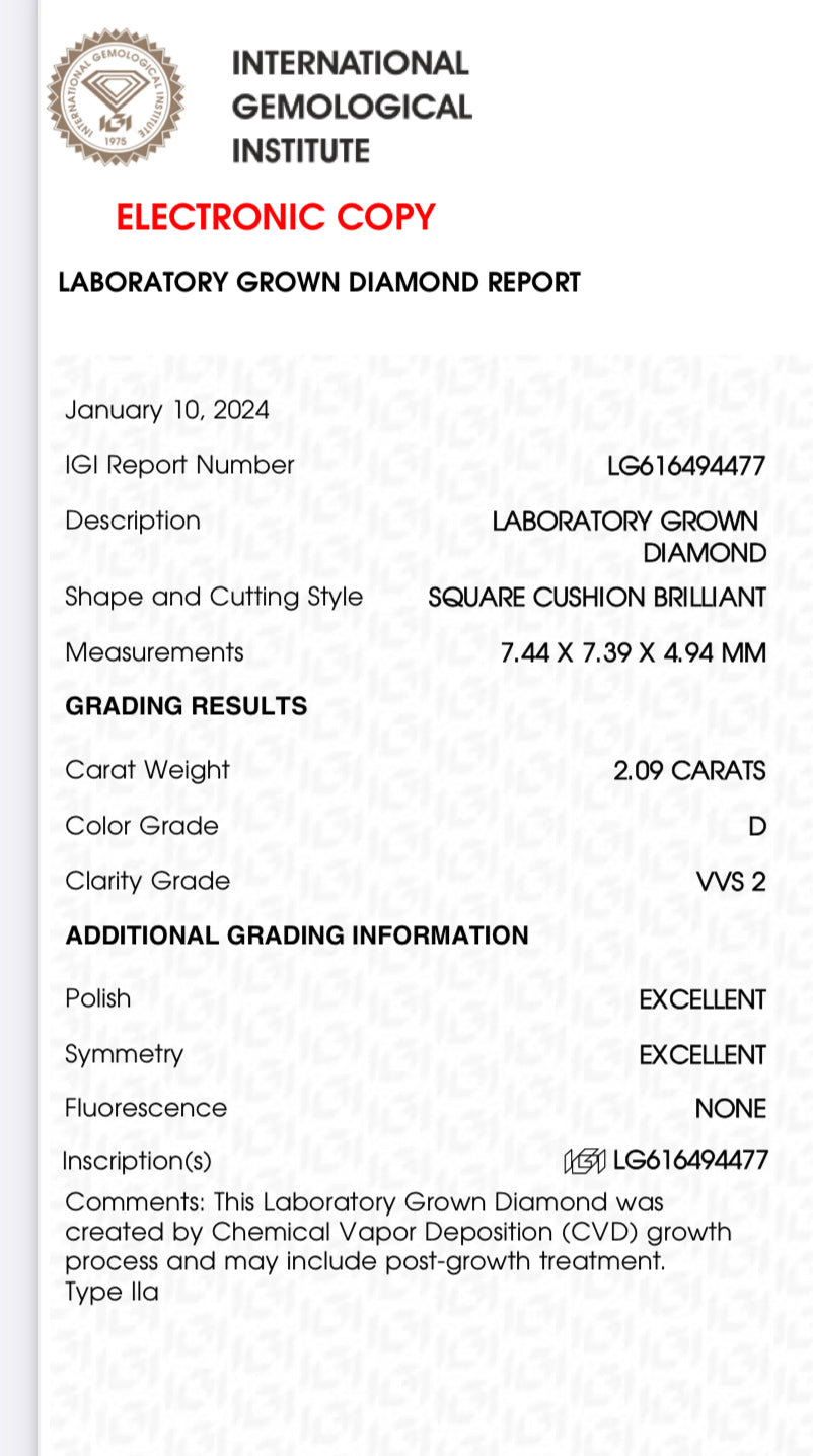 2.09 Lab Cushion Cut Diamond , Color D , Clarity VVS2 Excellent and Excellent , Certificate IGI 616494477