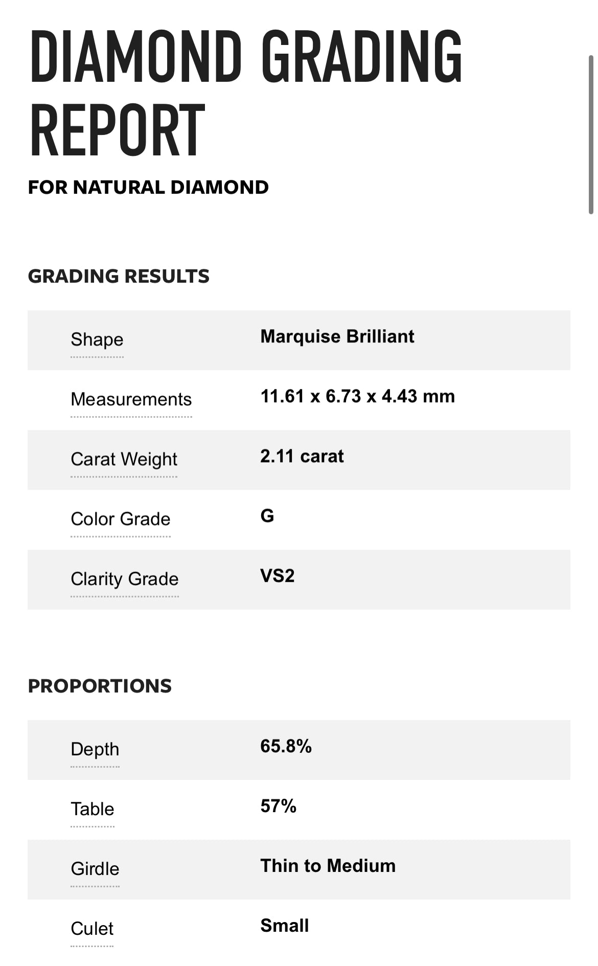 2.11 carat Marquise Diamond G, VS2 , GIA CERTIFICATE 6223991563
