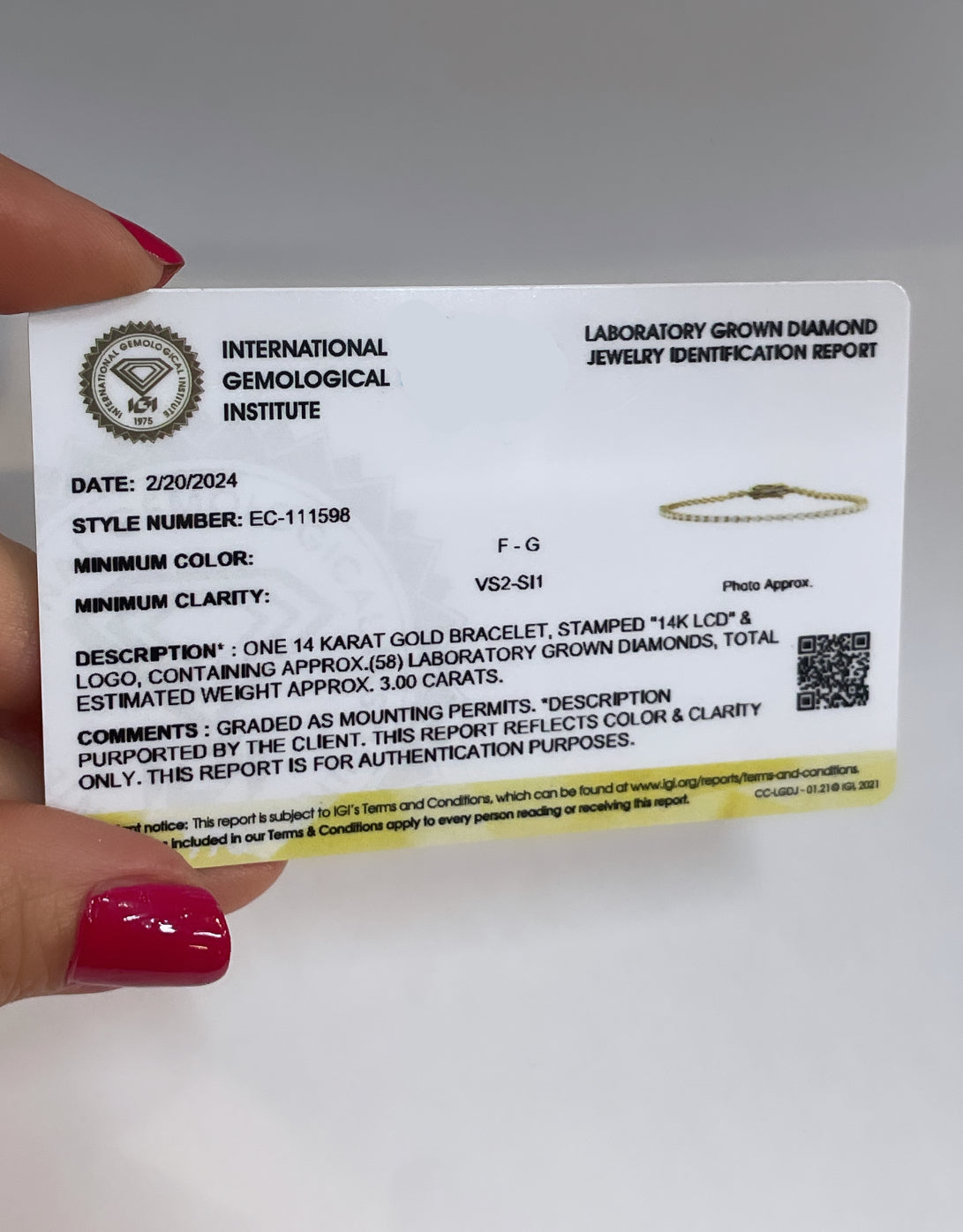 14k Yellow Gold 3.00 Carat Lab Diamond Bracelet with 3 Prong Setting