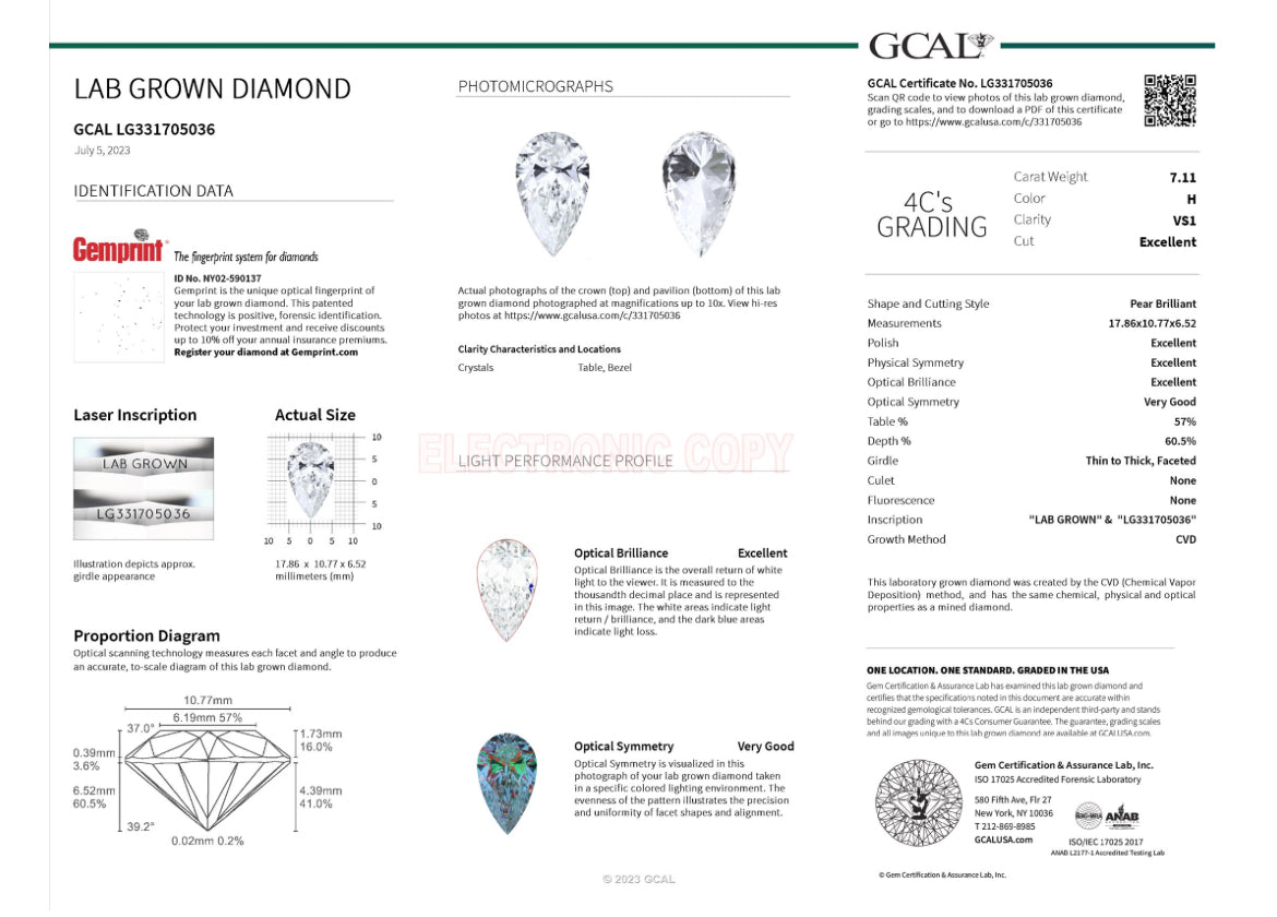 PEAR 7.11 Lab Grown Diamond, Color H , Clarity VS1, GCAL Diamond Report LG331705036 Excellent