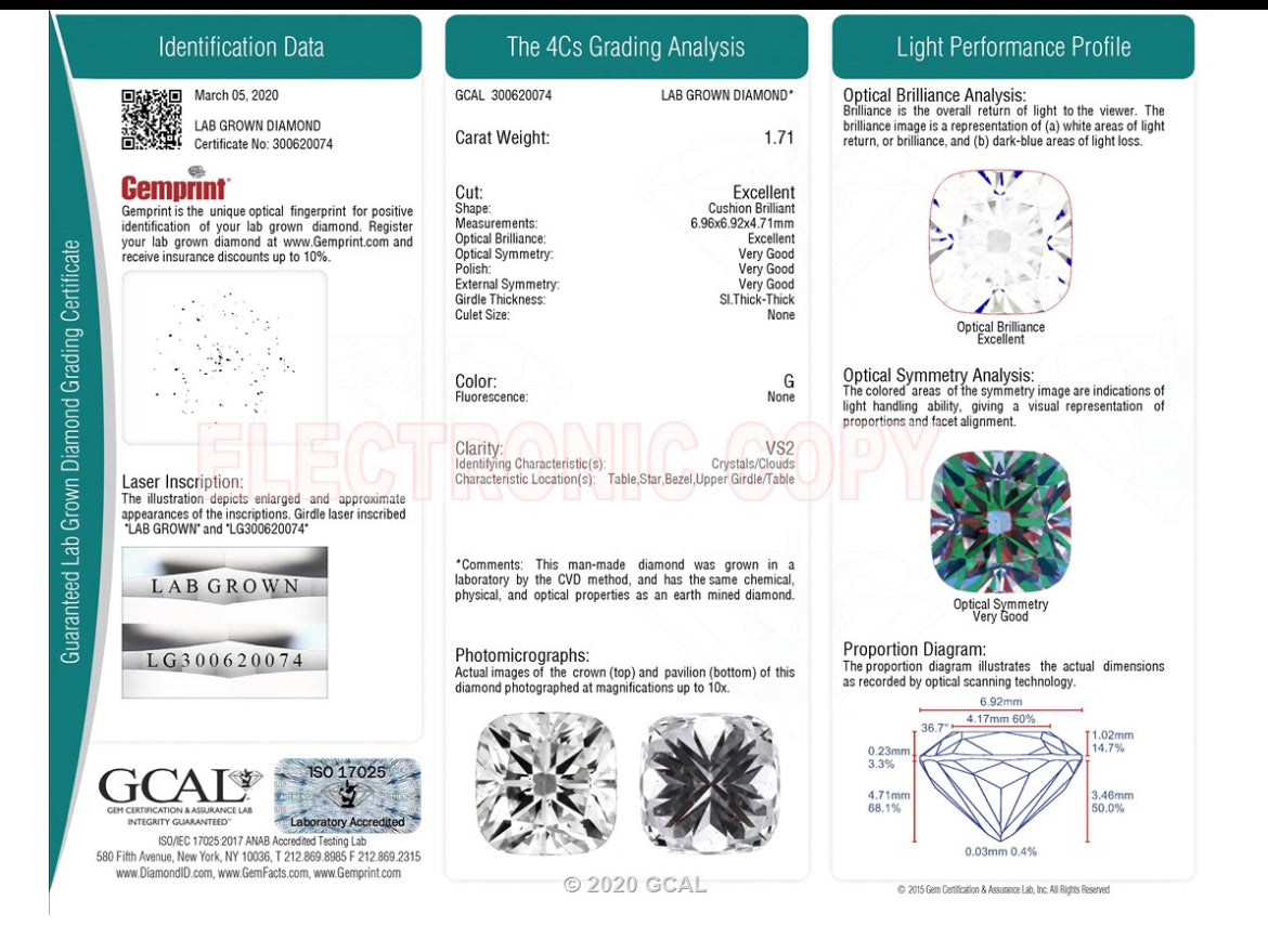 1.71 Lab Cushion Cut Diamond , Color G , Clarity VS2 Excellent and Very Good , Certificate GCAl300620074