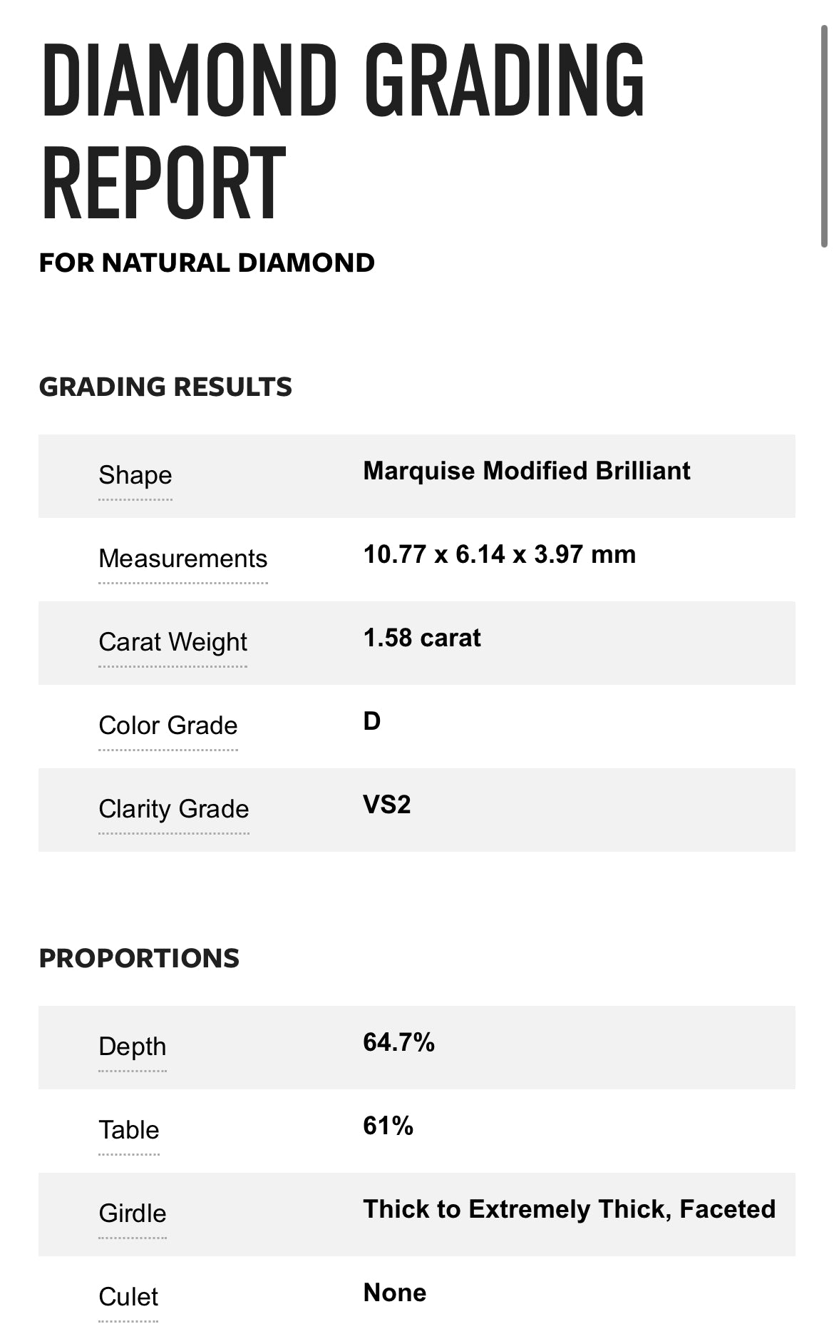 1.58 carat Marquise Diamond D, VS2 , GIA CERTIFICATE 5221679460