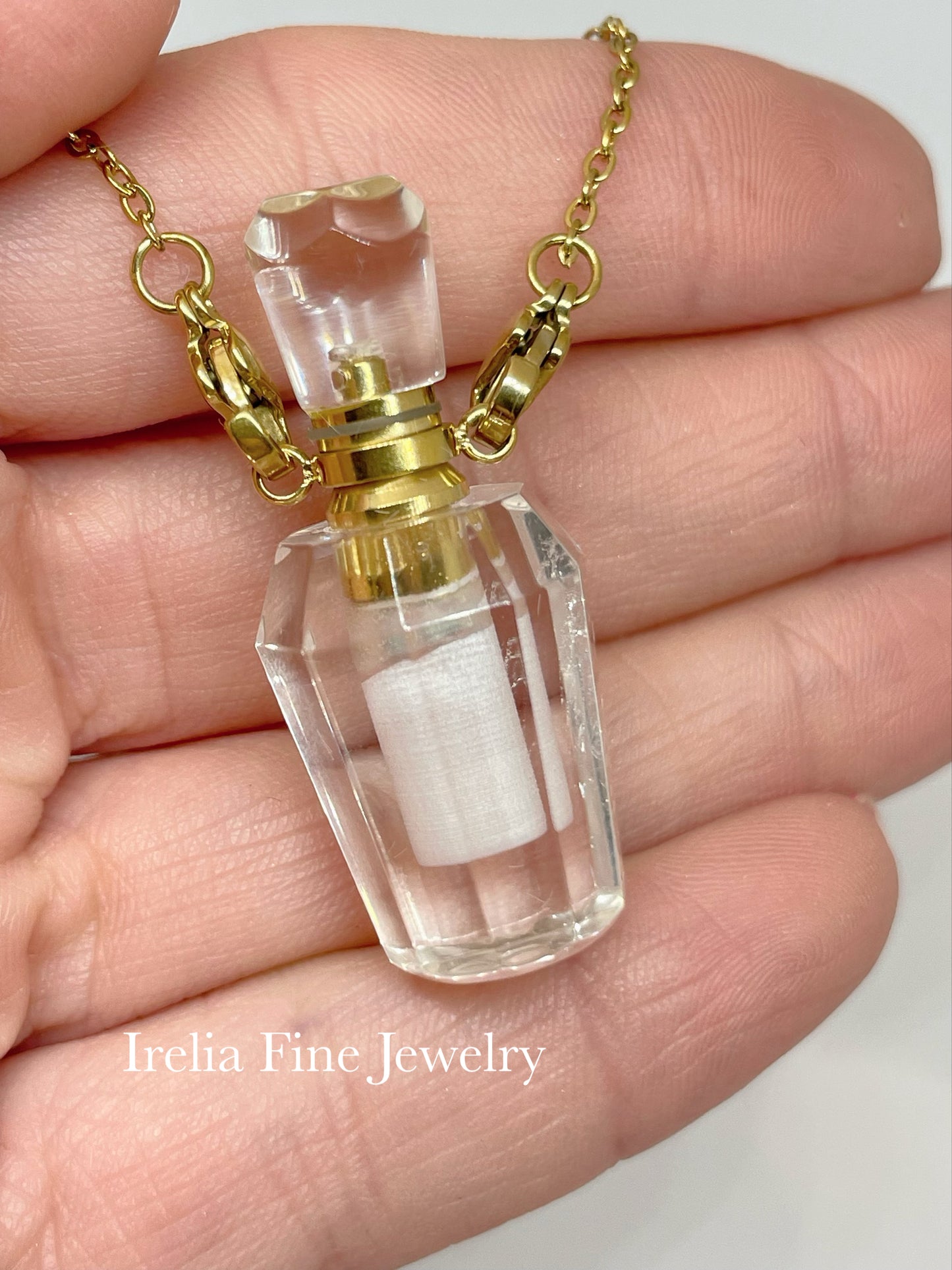 Facetted White Quartz Bottle holds Perfume or Essential Oils