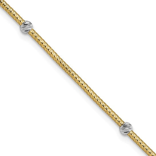 14K Two-tone Gold Woven Flexible Beads Bracelet, size 7.25