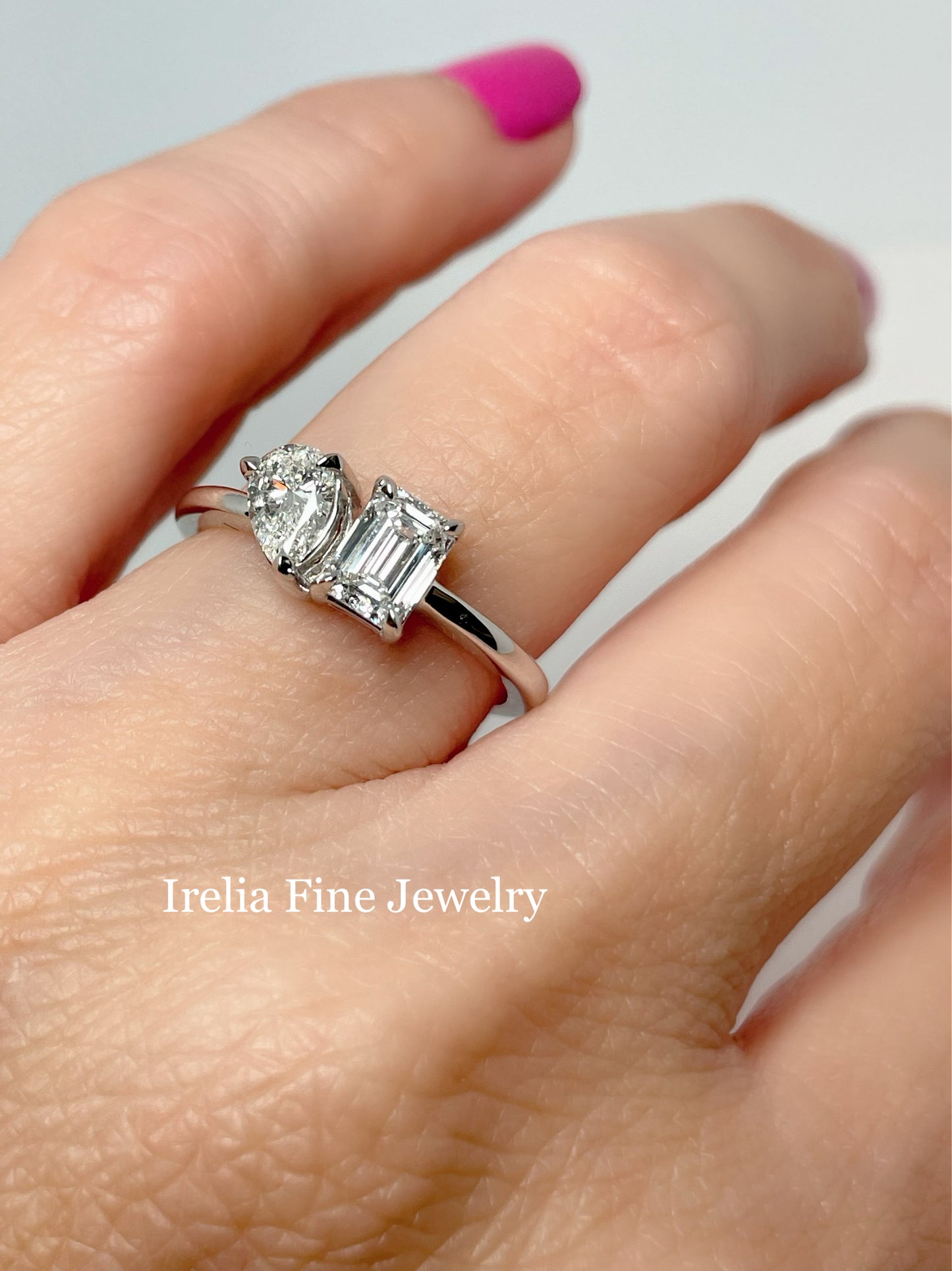 1.00 Carat Pear and Emerald Cut Lab Diamond Ring, 14k White Gold