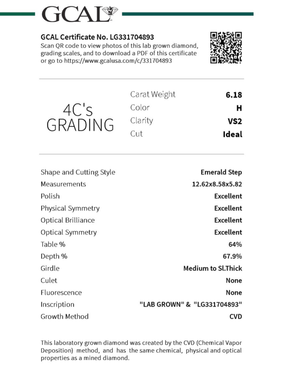 Emerald Cut 6.18 Carat Lab Grown Diamond , Color H , Clarity VS2 , GCAL Certificate LG331704893 = IDEAL + EXCELLENT