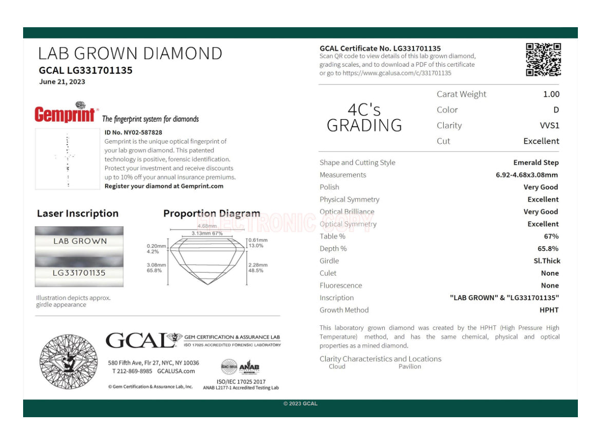 Emerald Cut 1.00 Carat Lab Grown Diamond , Color F , Clarity VS1 , GCAL Certificate LG331701135