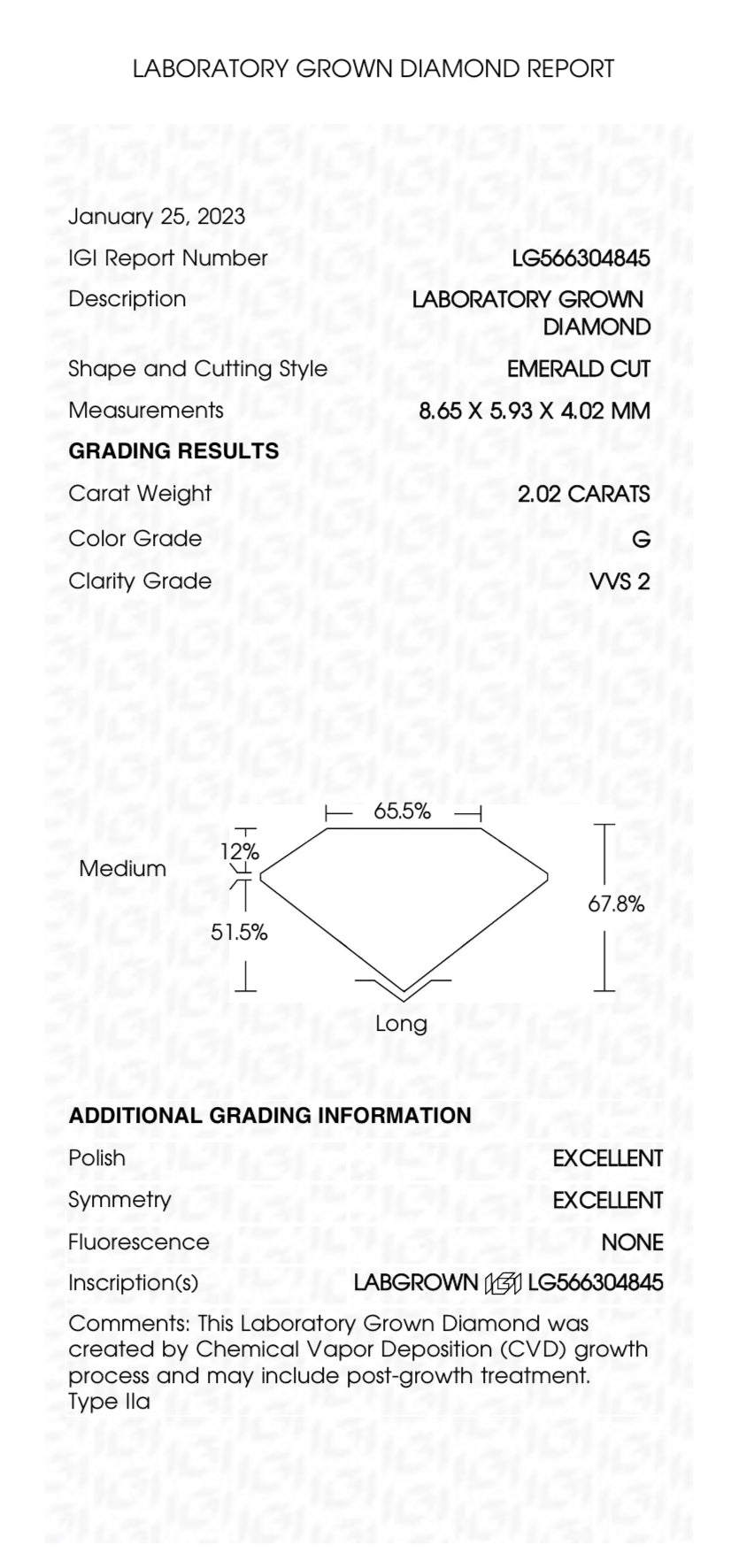 Emerald Cut 2.02 Carat Lab Grown Diamond , Color G , Clarity VVS2 , GCAL Certificate LG566304845
