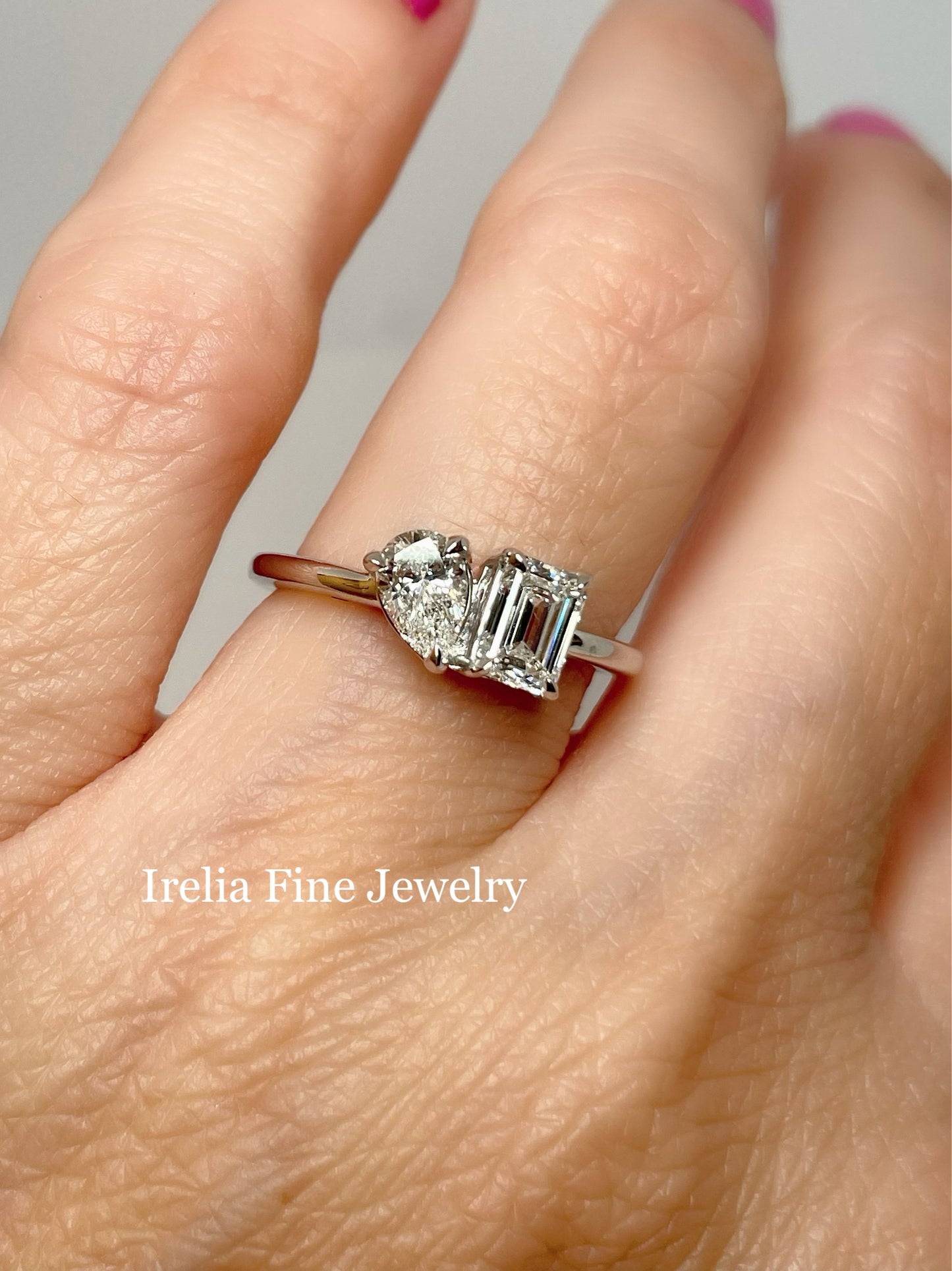 1.00 Carat Pear and Emerald Cut Lab Diamond Ring, 14k White Gold