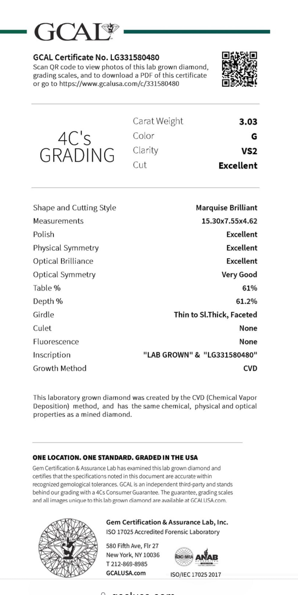 Marquise 3.03 Carat Lab Grown Diamond , Color G , Clarity VS2 , GCAL Report LG331580480