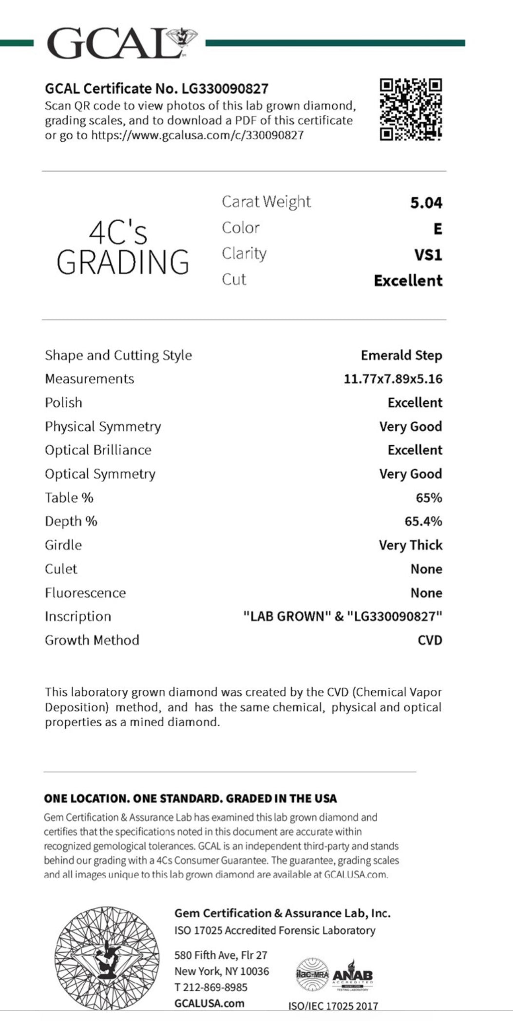 Emerald Cut 5.04 Carat Lab Grown Diamond , Color E , Clarity VS1 , GCAL Certificate LG330090827