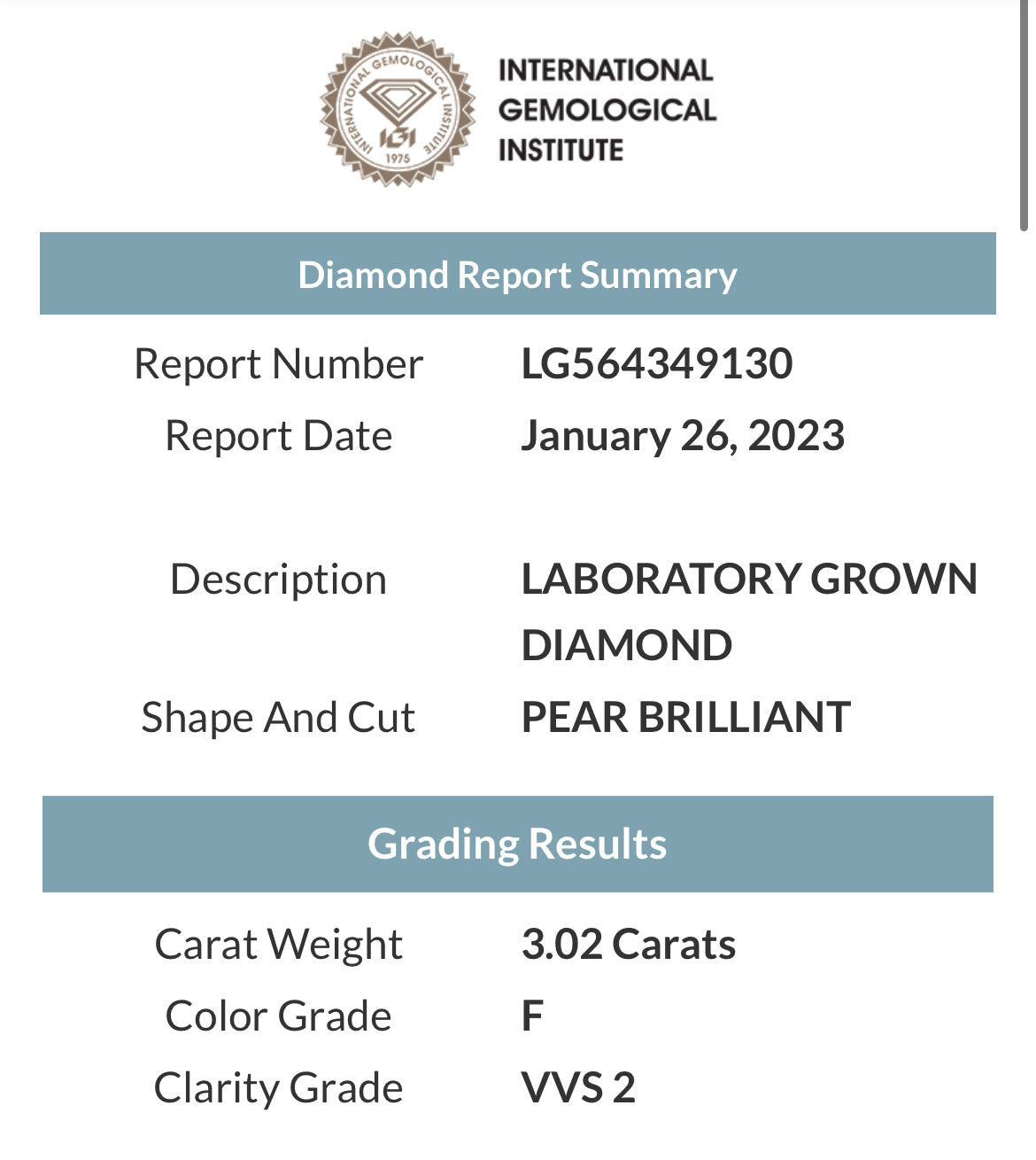 PEAR 2.21  Lab Grown Diamond , Color G , Clarity VS1, IGI Certificate LG321601371