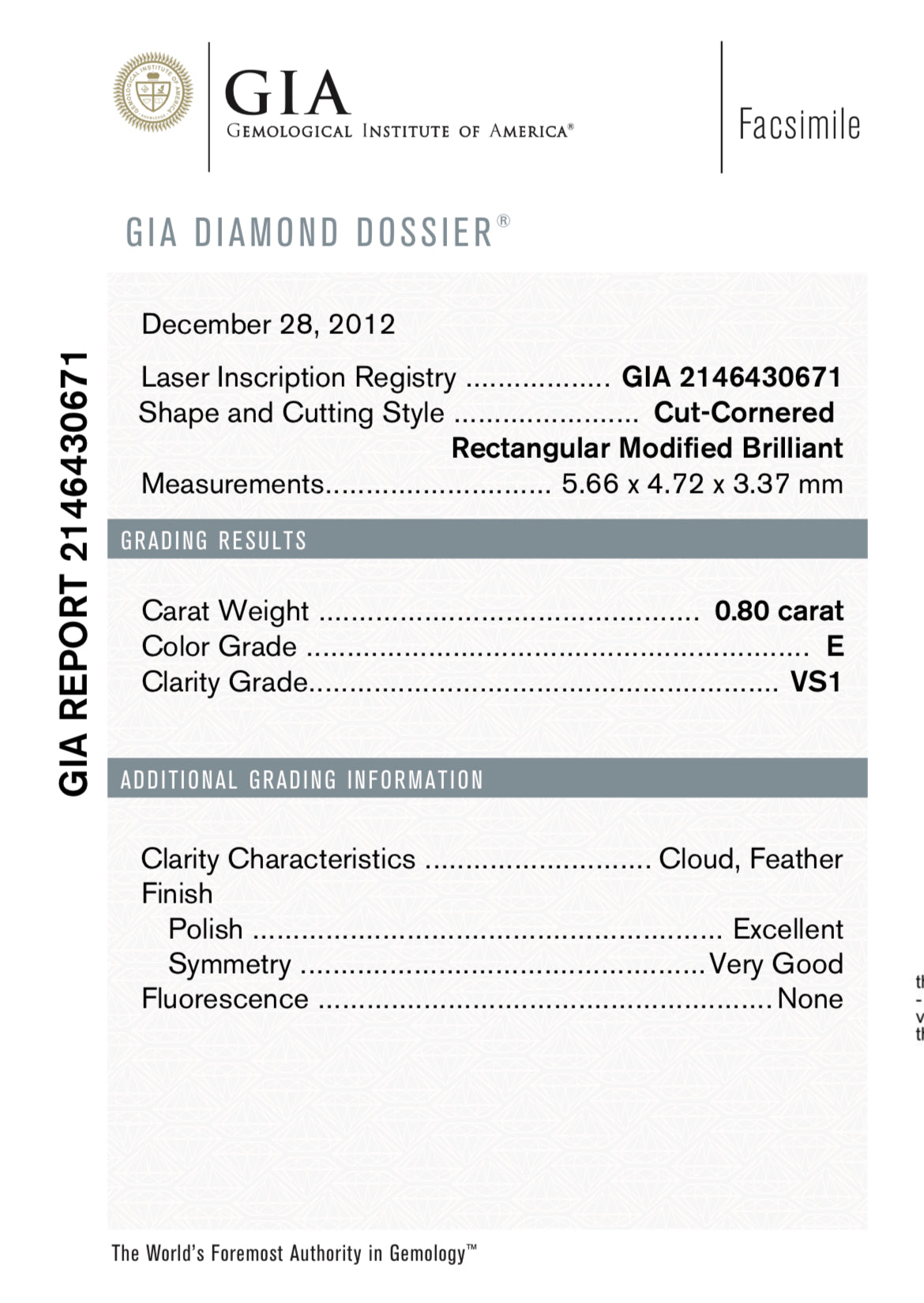 .80 carat Radiant Cut Color E, Clarity VS1 GIA Certified 2146430671