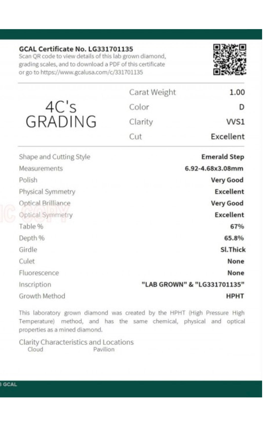Emerald Cut 1.00 Carat Lab Grown Diamond , Color F , Clarity VS1 , GCAL Certificate LG331701135