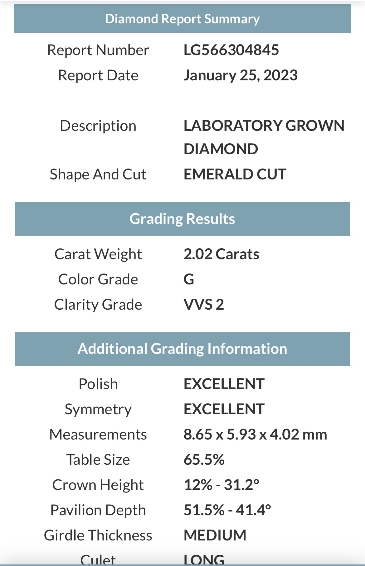 Emerald Cut 2.02 Carat Lab Grown Diamond , Color G , Clarity VVS2 , GCAL Certificate LG566304845