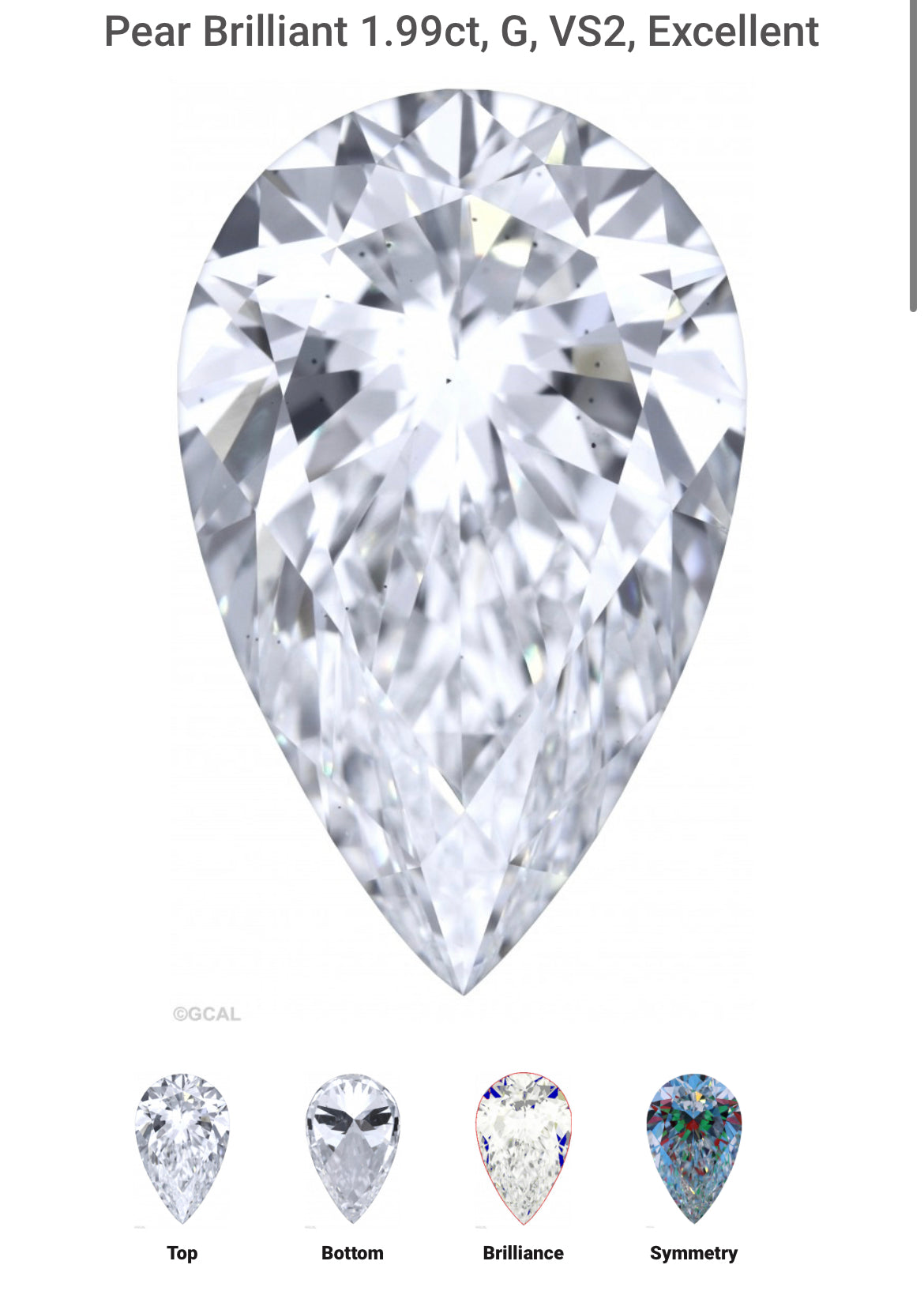 PEAR 1.99 Lab Grown Diamond , Color G , Clarity VS2,  GCAL Certificate LG330041493