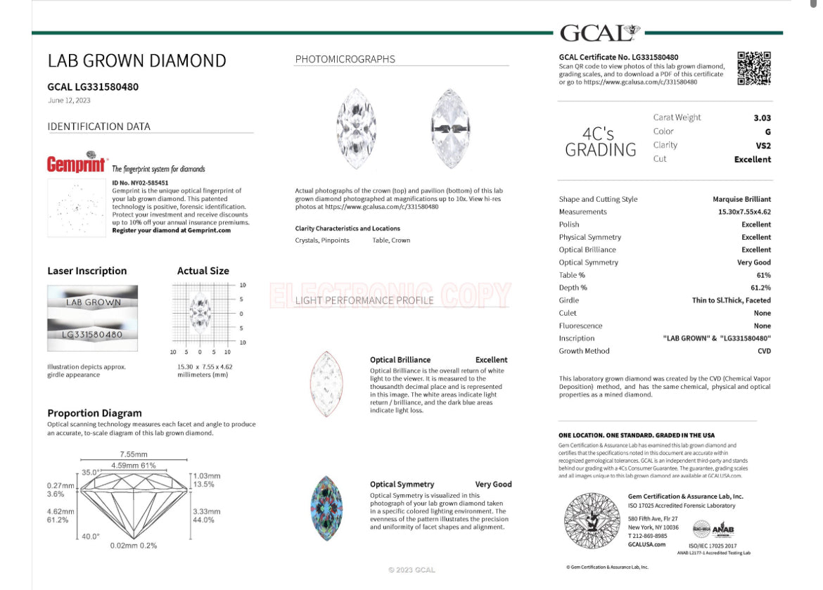 Marquise 3.03 Carat Lab Grown Diamond , Color G , Clarity VS2 , GCAL Report LG331580480