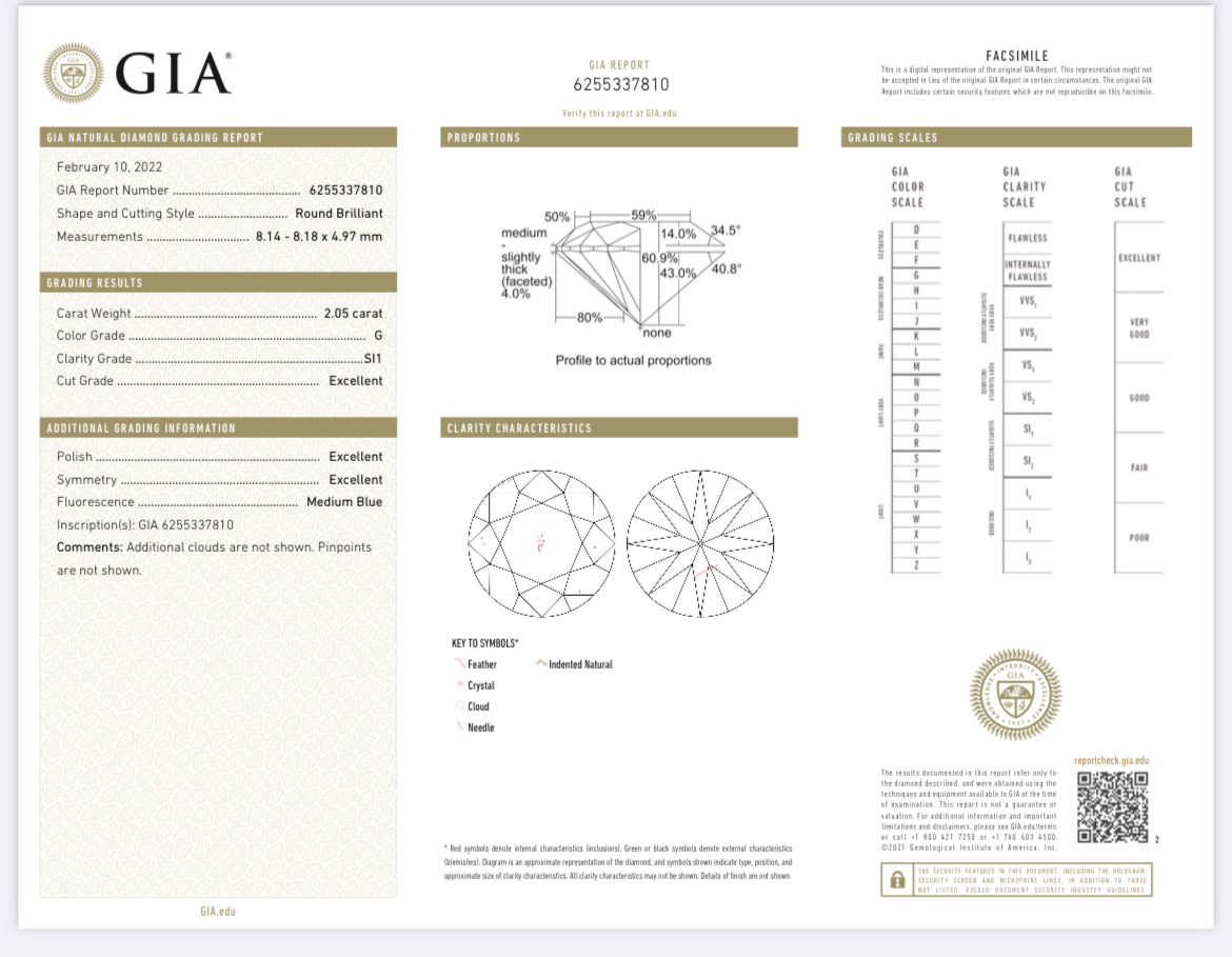 2.05 Carat Round Diamond Color G, Clarity SI1 Triple Excellent Solitaire Engagement Ring in 18k Yellow Gold