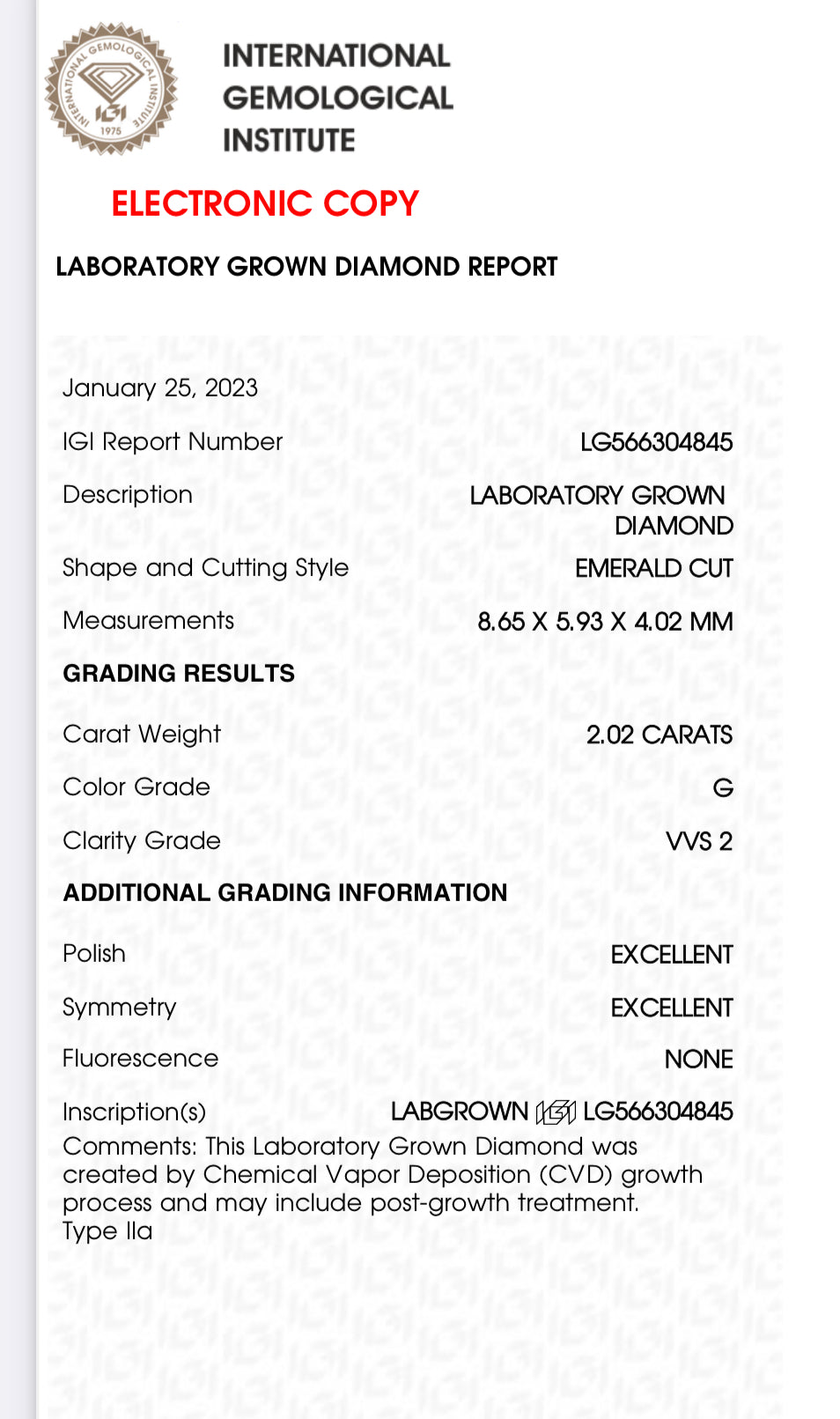 Emerald Cut 2.02 Carat Lab Grown Diamond , Color G , Clarity VVS2 , GCAL Certificate LG566304845