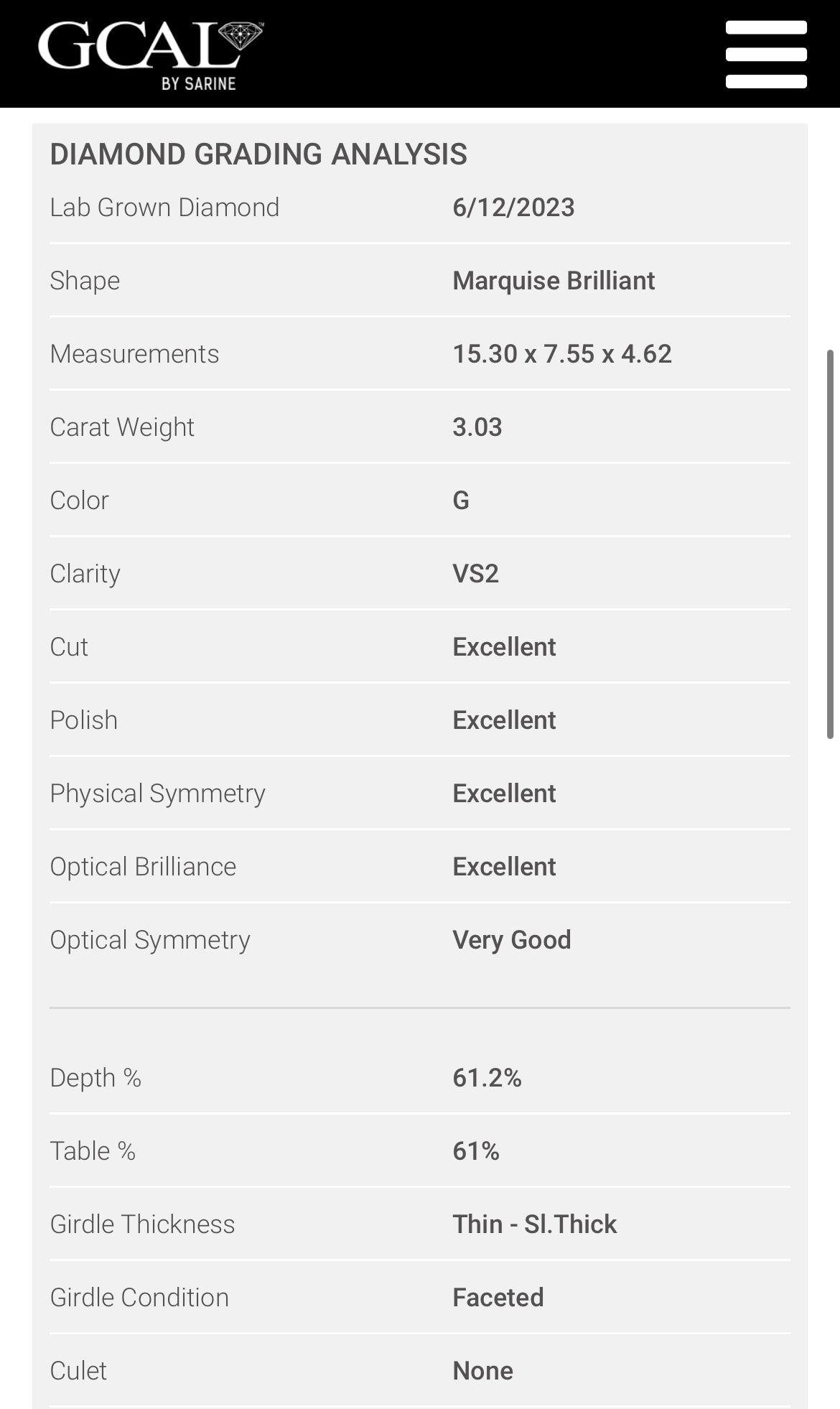 Marquise 3.03 Carat Lab Grown Diamond , Color G , Clarity VS2 , GCAL Report LG331580480