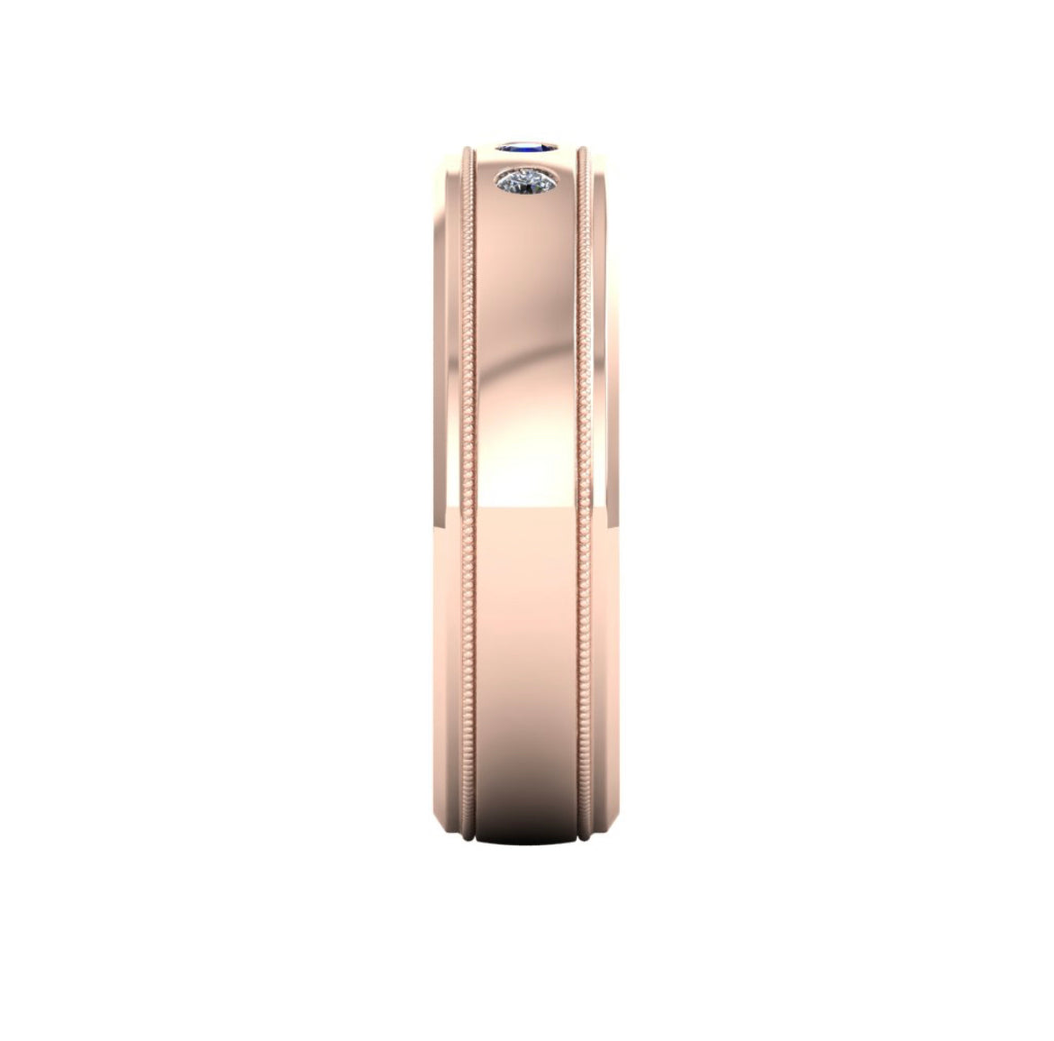 Custom 14k Rose Gold Wedding Band with Natural Blue Sapphires and Diamonds