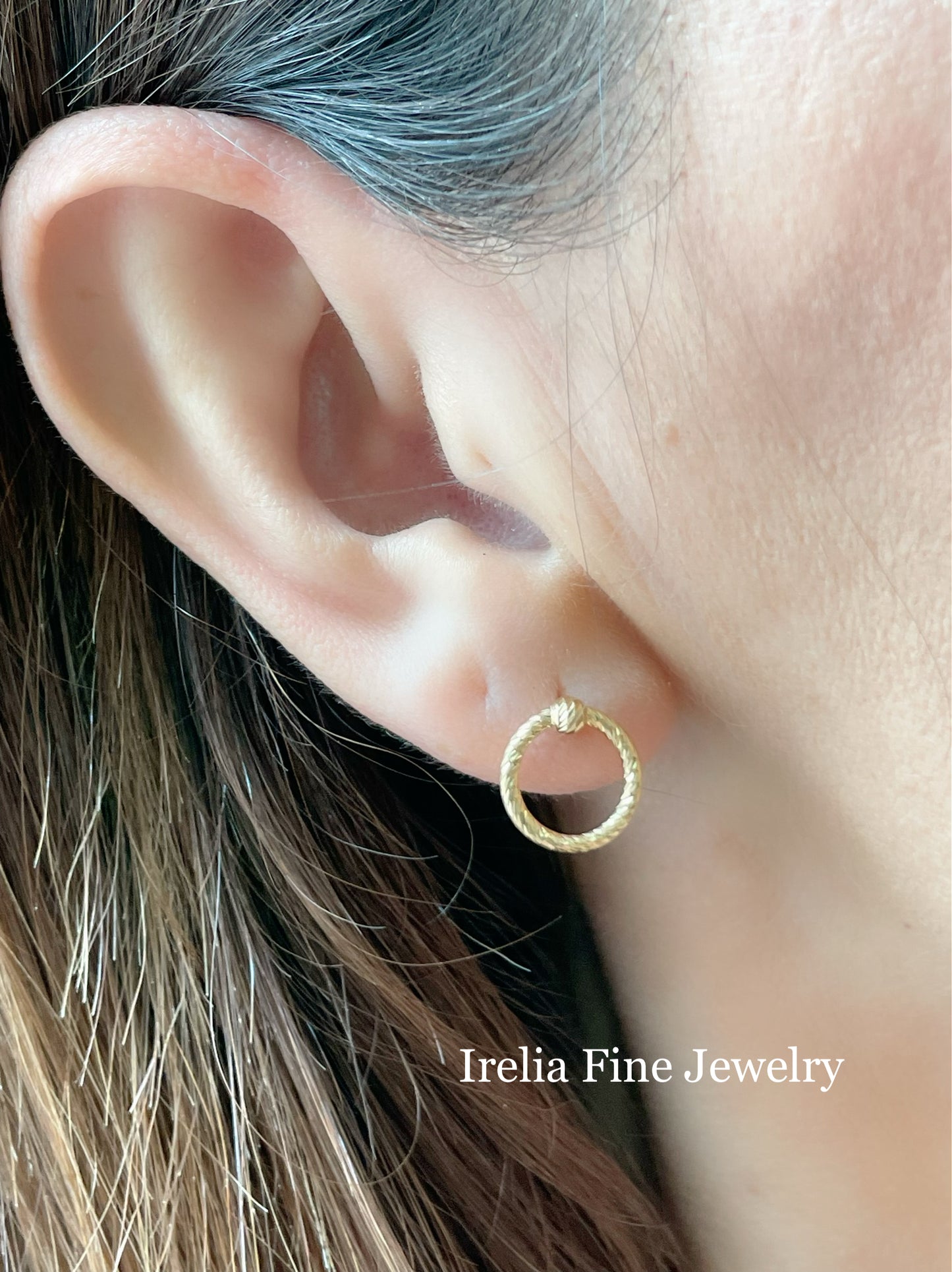 14k Yellow Gold Earring Circle Studs with texture