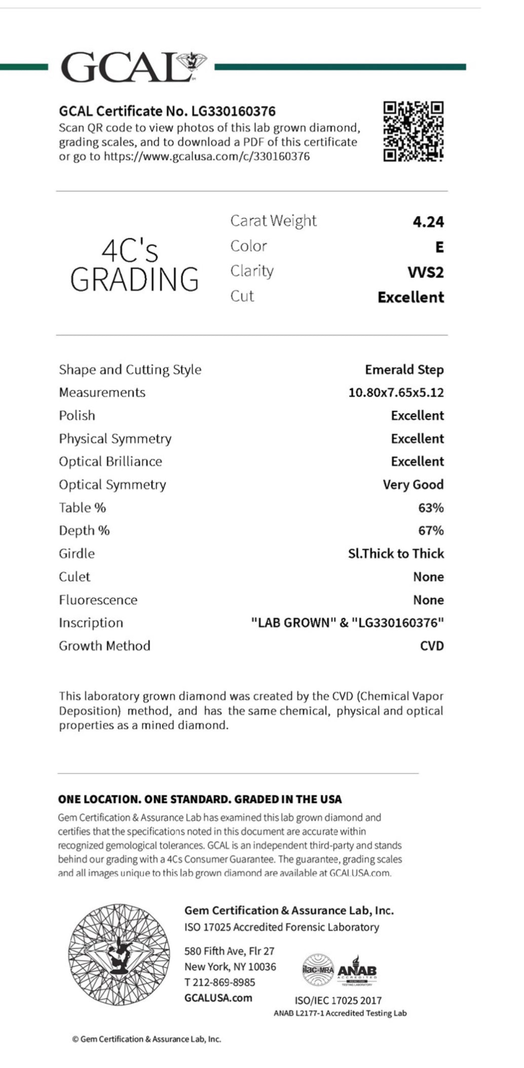 Emerald Cut 4.24 Carat Lab Grown Diamond , Color E , Clarity VVS2 , GCAL Certificate LG330160376