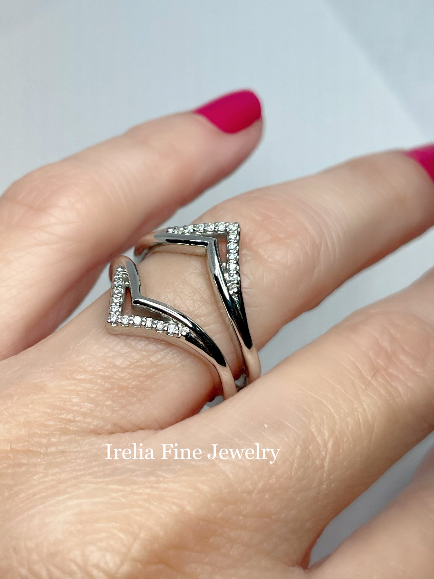 14K White 1/8 CTW Natural Diamond Double V Shape Ring Guard