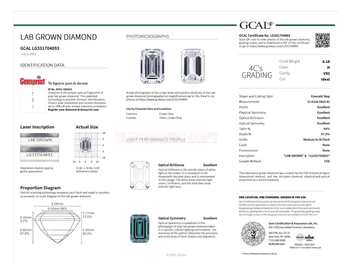 Emerald Cut 6.18 Carat Lab Grown Diamond , Color H , Clarity VS2 , GCAL Certificate LG331704893 = IDEAL + EXCELLENT