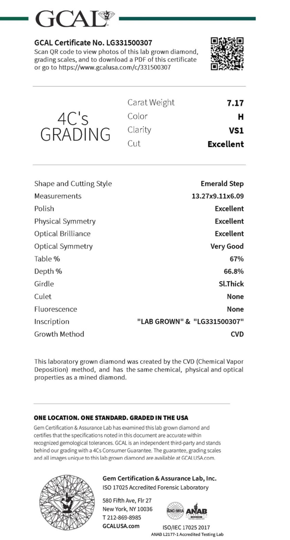 Emerald Cut 7.17 Carat Lab Grown Diamond , Color H , Clarity VS1 , GCAL Certificate LG331500307
