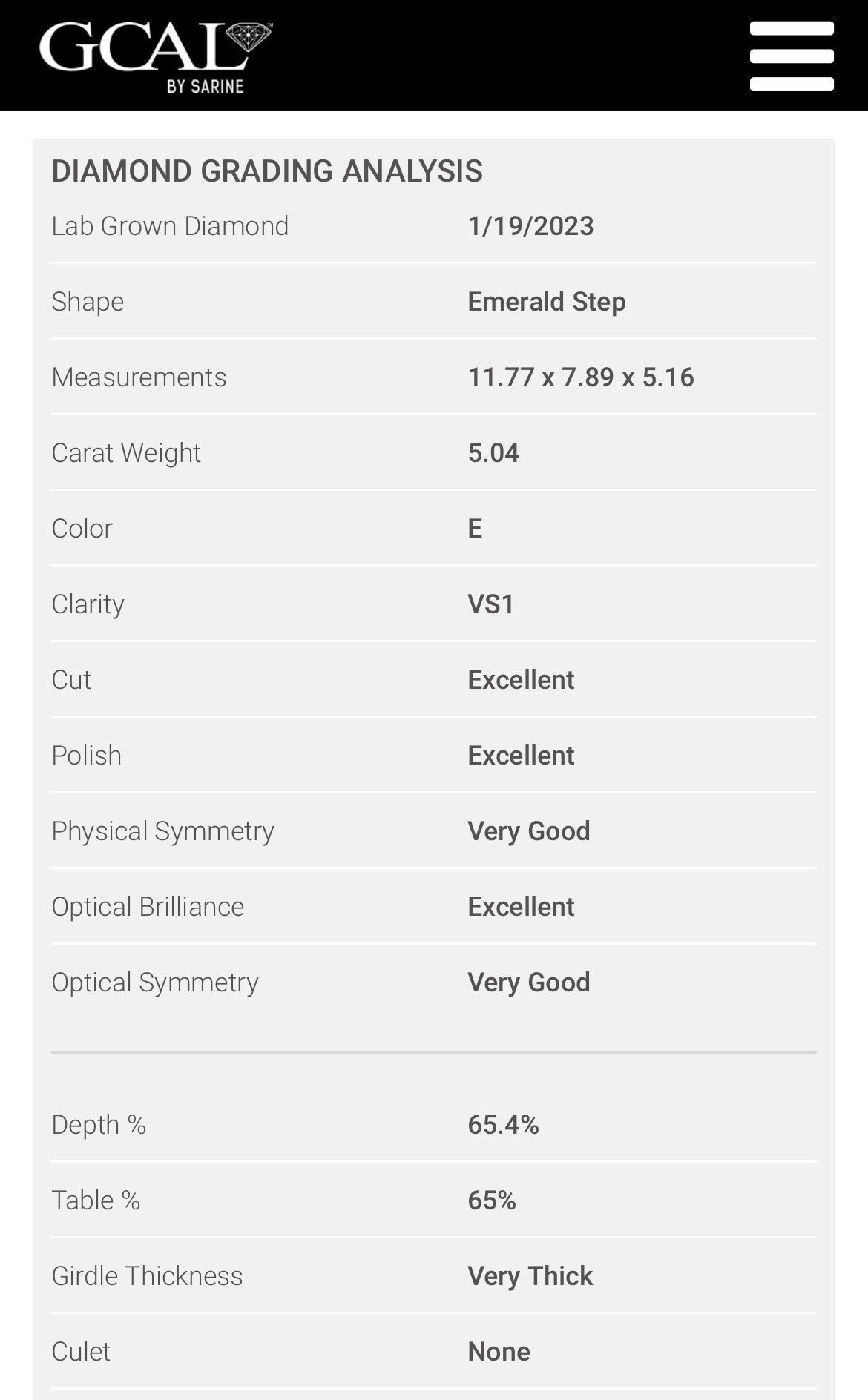 Emerald Cut 5.04 Carat Lab Grown Diamond , Color E , Clarity VS1 , GCAL Certificate LG330090827