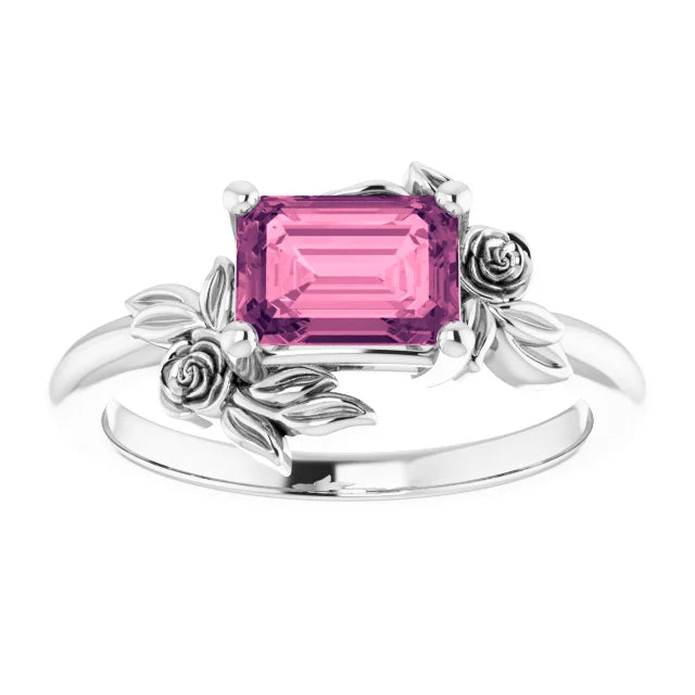 14k White gold Tourmaline Size 7 x4 mm Ring with Roses - Made to Order