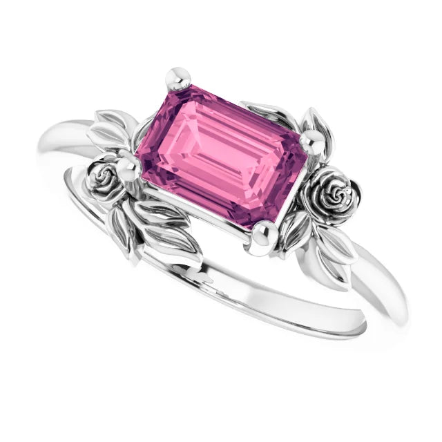 14k White gold Tourmaline Size 7 x4 mm Ring with Roses - Made to Order