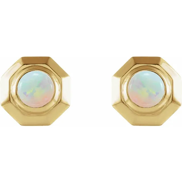 14K Yellow Natural White Opal Geometric Cabochon Earrings